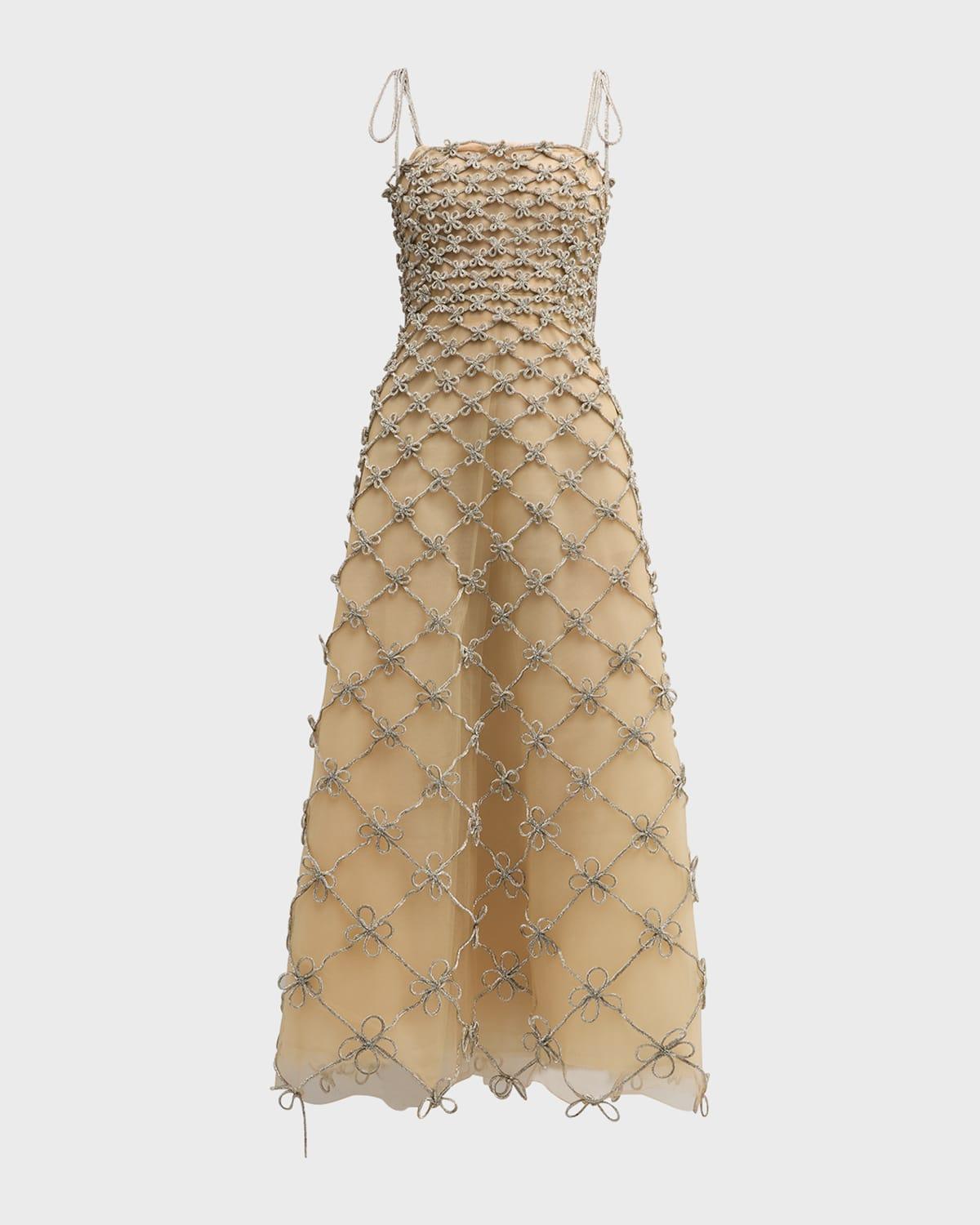 Oscar de la Renta Grid And Bow Tea-Length Sleeveless Dress in