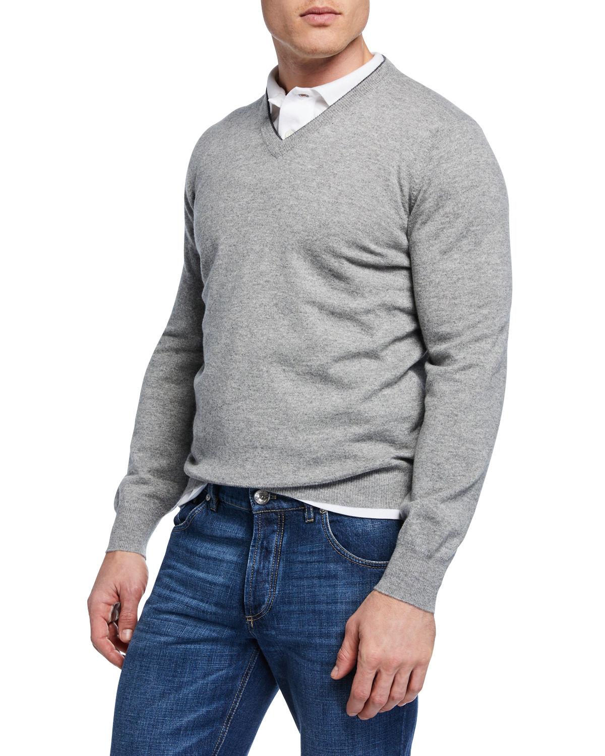 Brunello Cucinelli Cashmere V-neck Pullover Sweater in Grey (Gray) for ...