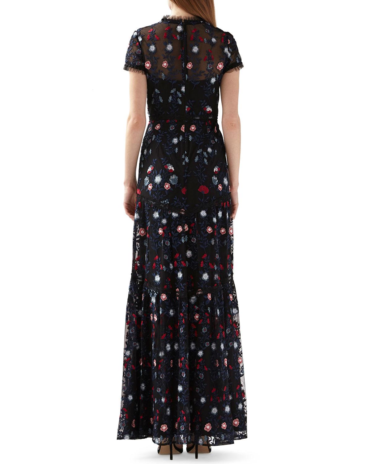 ML Monique Lhuillier Synthetic Mock-neck Short-sleeve Floral Embroidered Mesh Maxi Dress - Lyst
