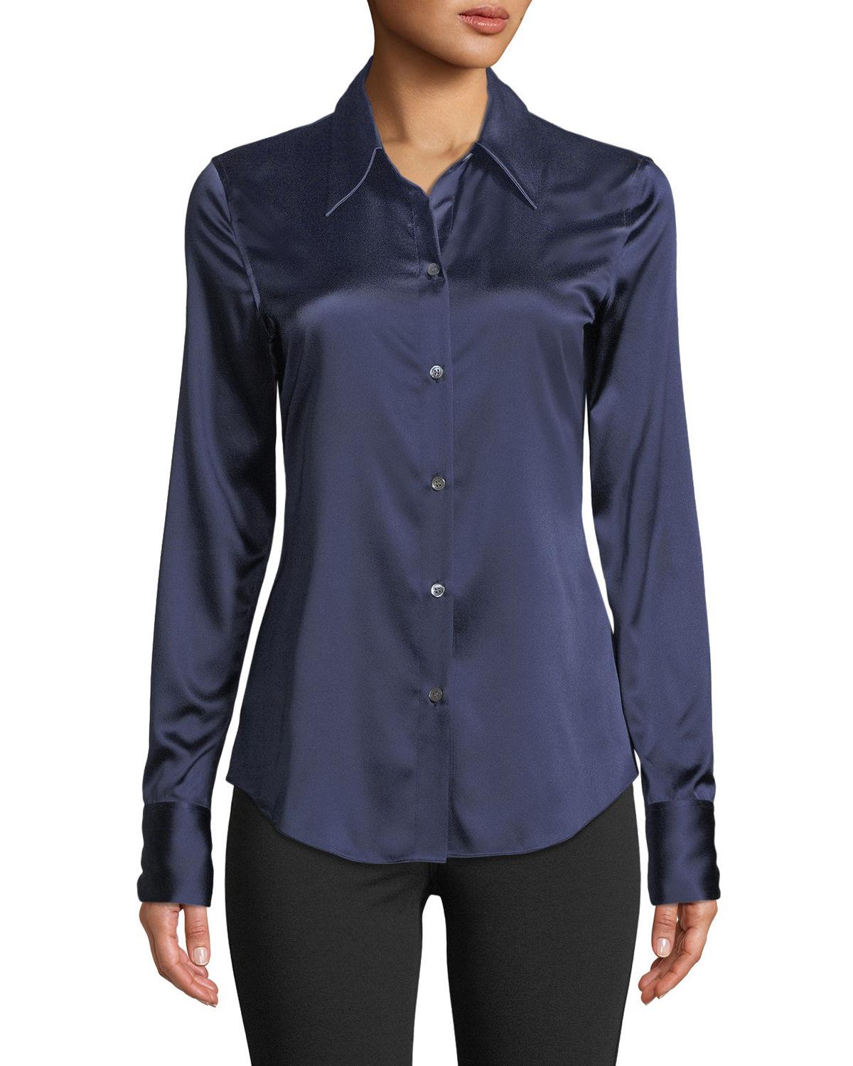 Theory Perfect Fitted 2 Stretch-satin Long-sleeve Button-down Blouse in ...