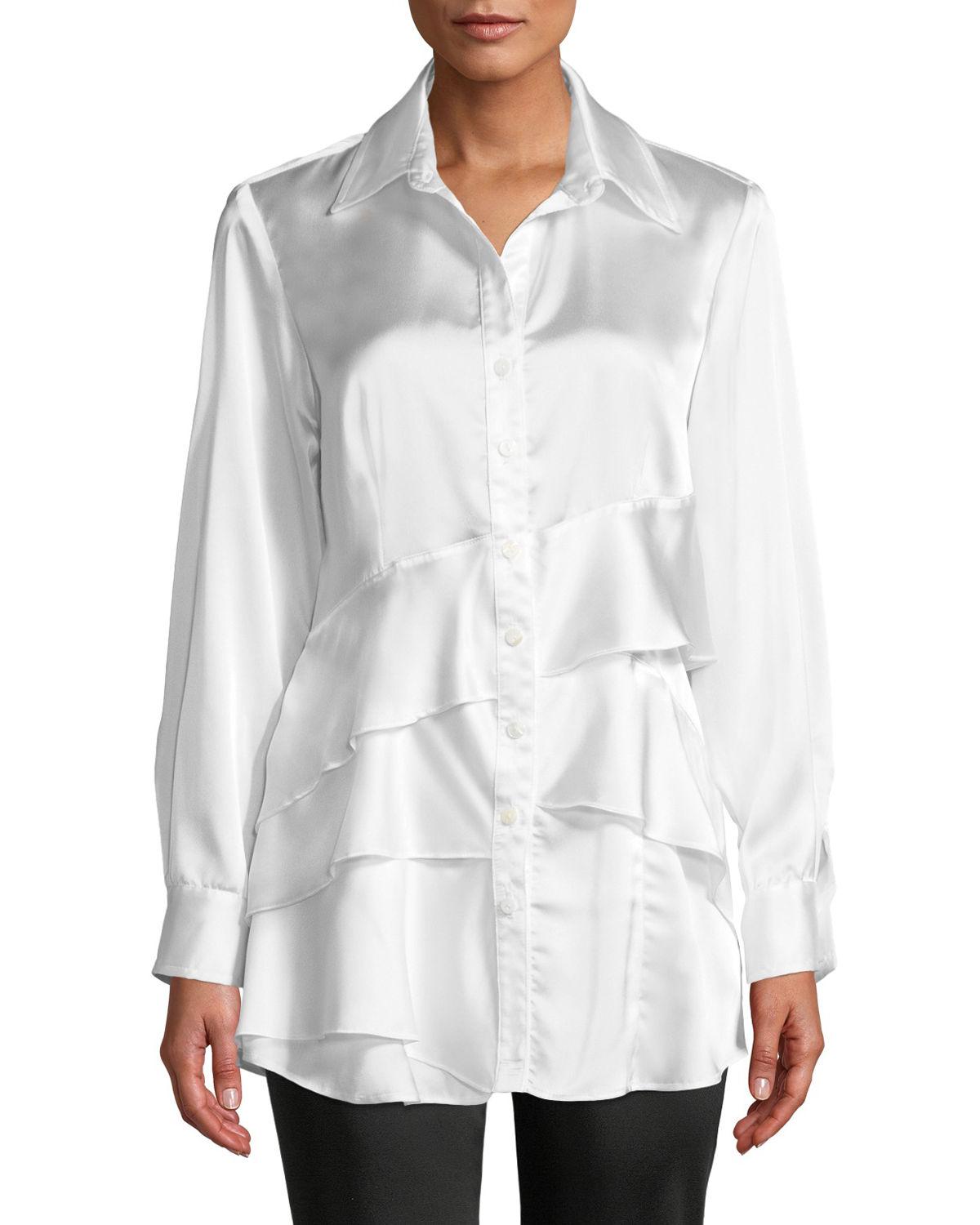 Finley Jenna Long-sleeve Button-front Tiered Ruffle Satin Blouse in Ivory (White) - Save 14% - Lyst