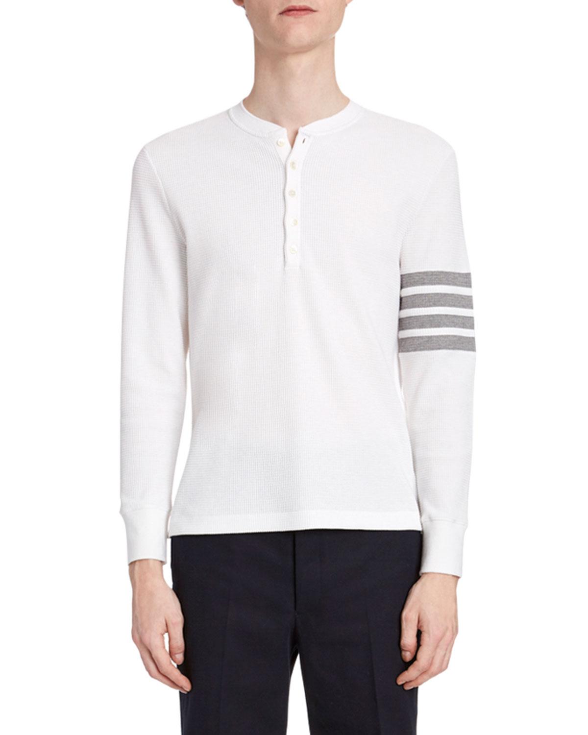 Thom Browne Cotton Men's Waffleknit Henley Shirt With 4bar Stripe in