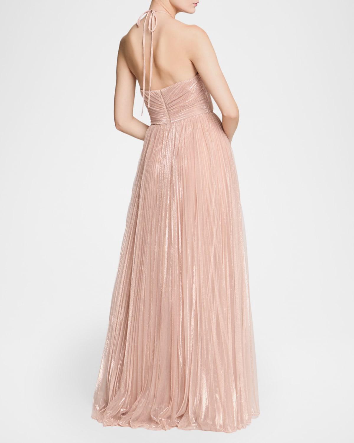 open lace back dress Em Shimmer Jersey Pleated Gown