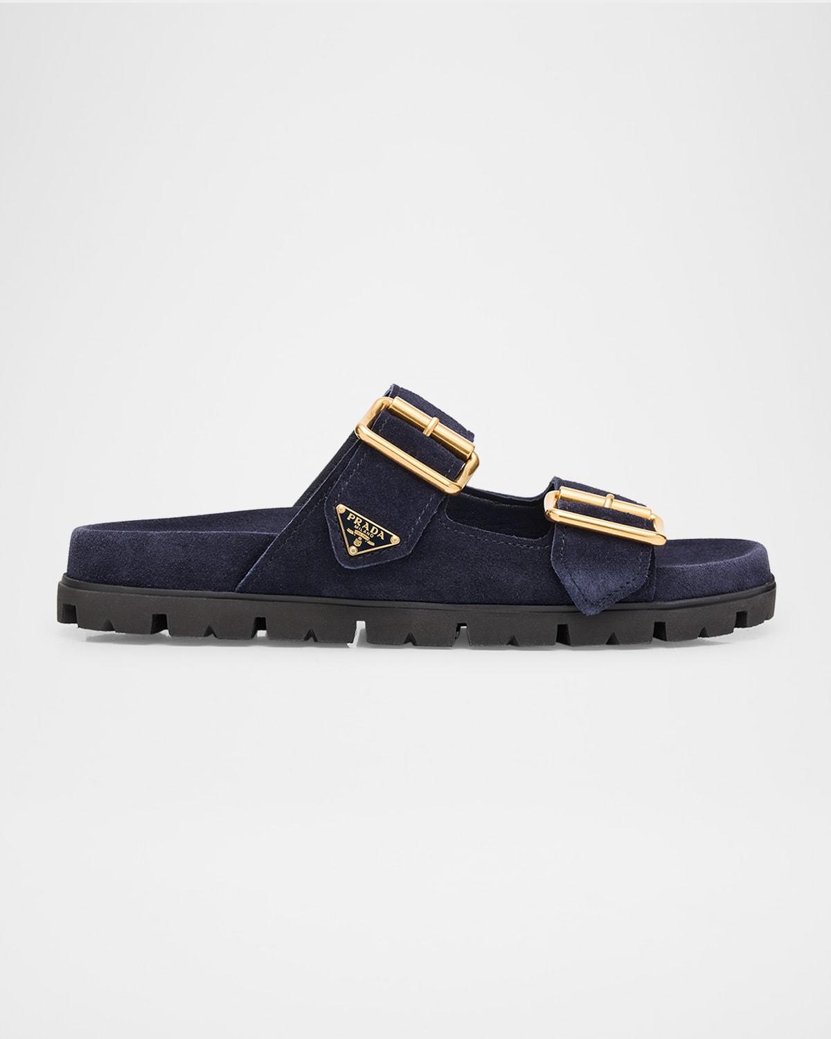Prada Suede Double-Buckle Slide Sandals in Blue Lyst
