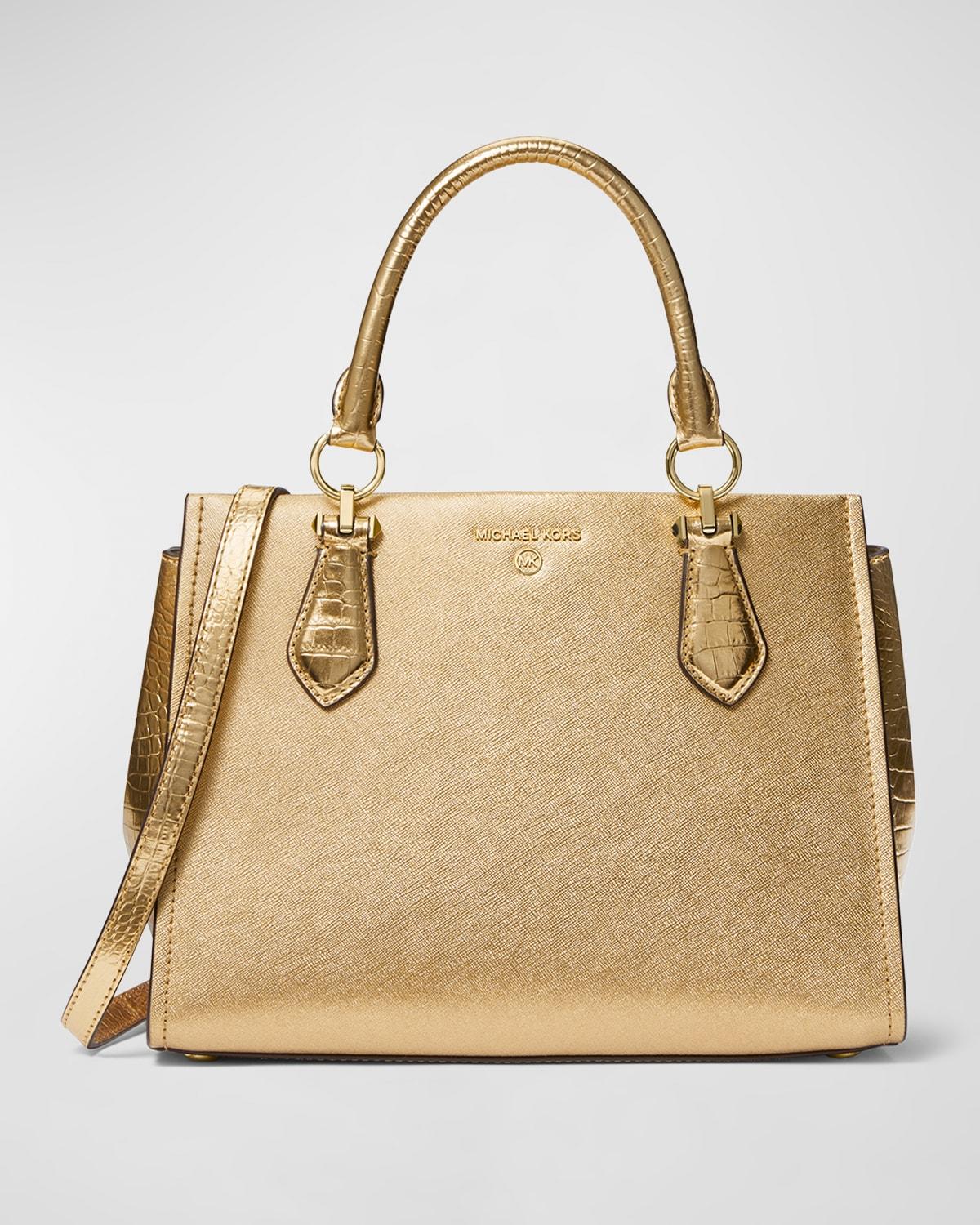 MICHAEL Michael Kors Marilyn Medium Metallic Leather Satchel Bag in Natural  | Lyst