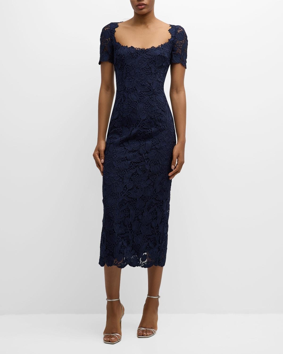 Monique Lhuillier Floral Lace Sleeveless Midi Sheath Dress