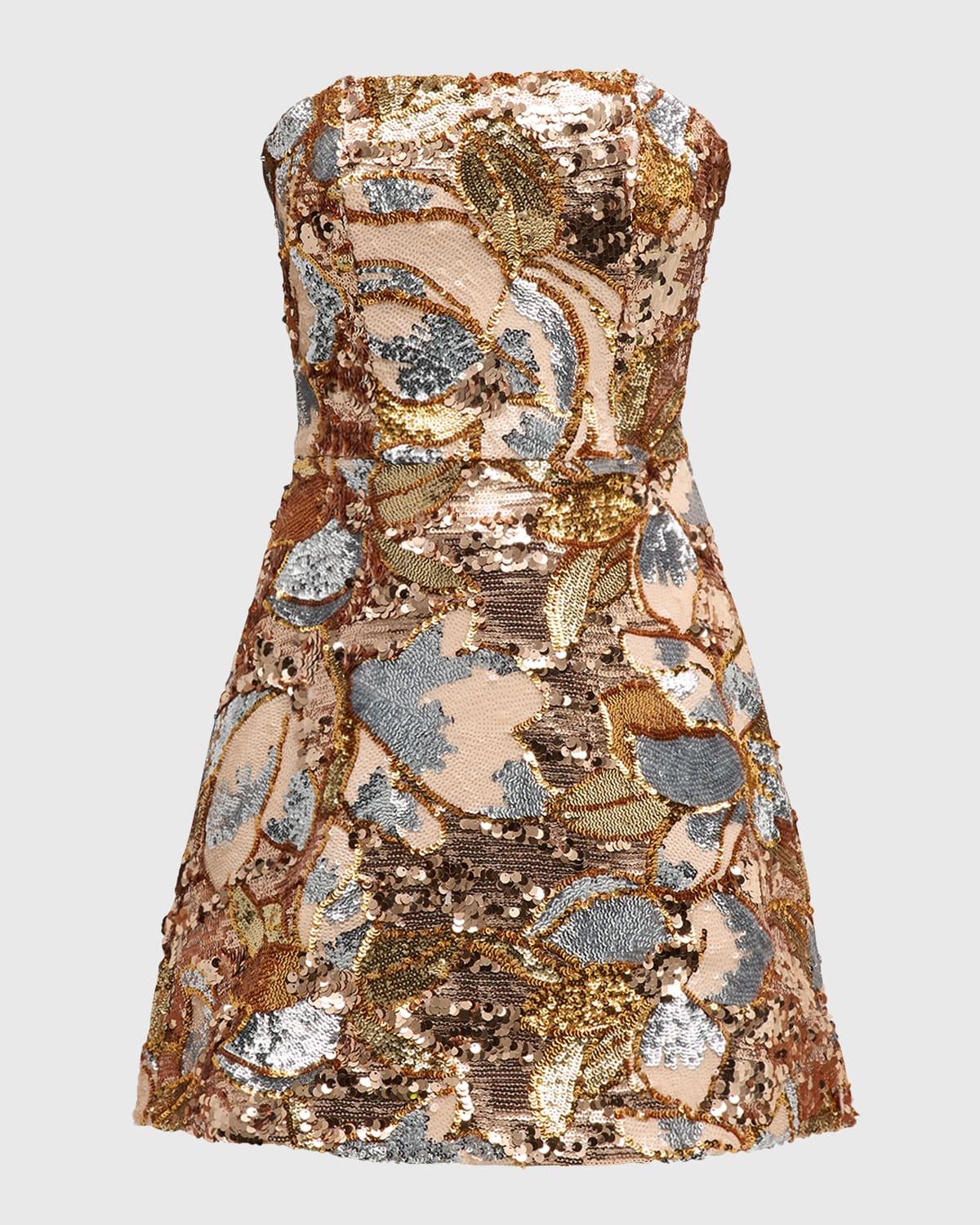 linda strapless floral sequin a-line mini dress HELSI Linda Strapless Floral Sequin A-Line Mini Dress in Natural