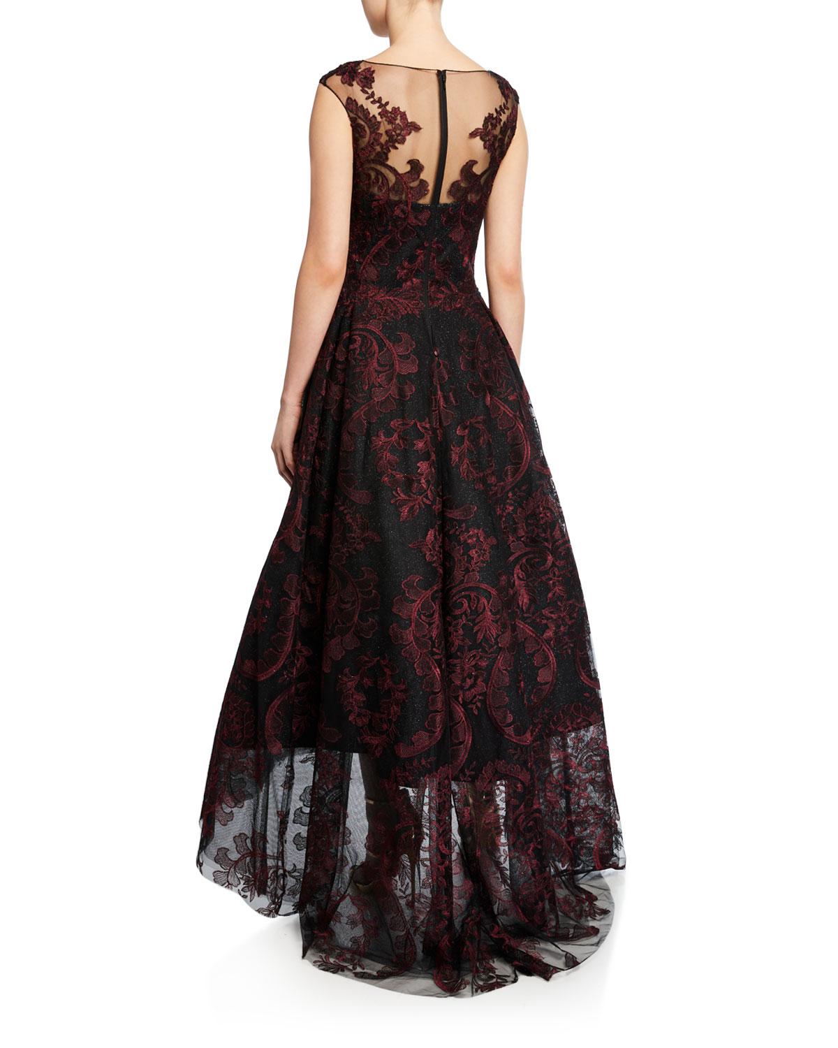 Teri Jon Capsleeve Highlow Embroidered Tulle Illusion Dress in Black