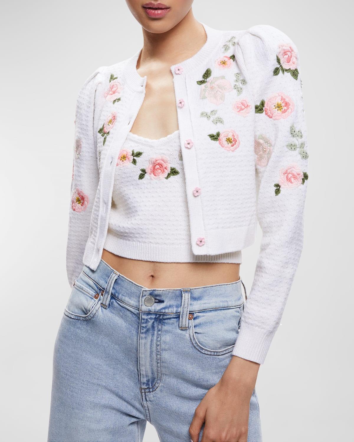Alice + Olivia Kitty Floral Embroidered Cropped Cardigan in White | Lyst