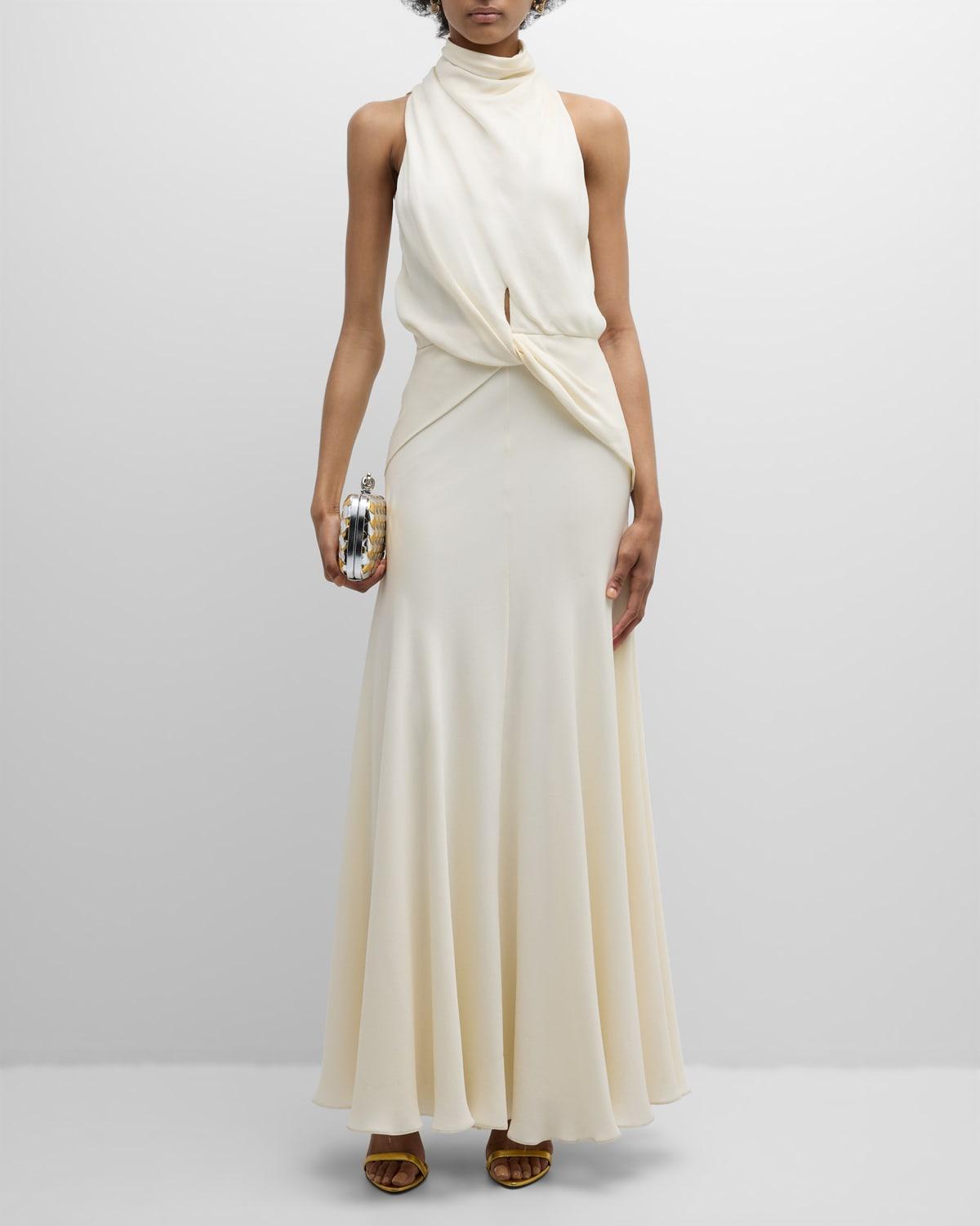 Brandon Maxwell The Valerie Draped High-neck Maxi Dress in Natural