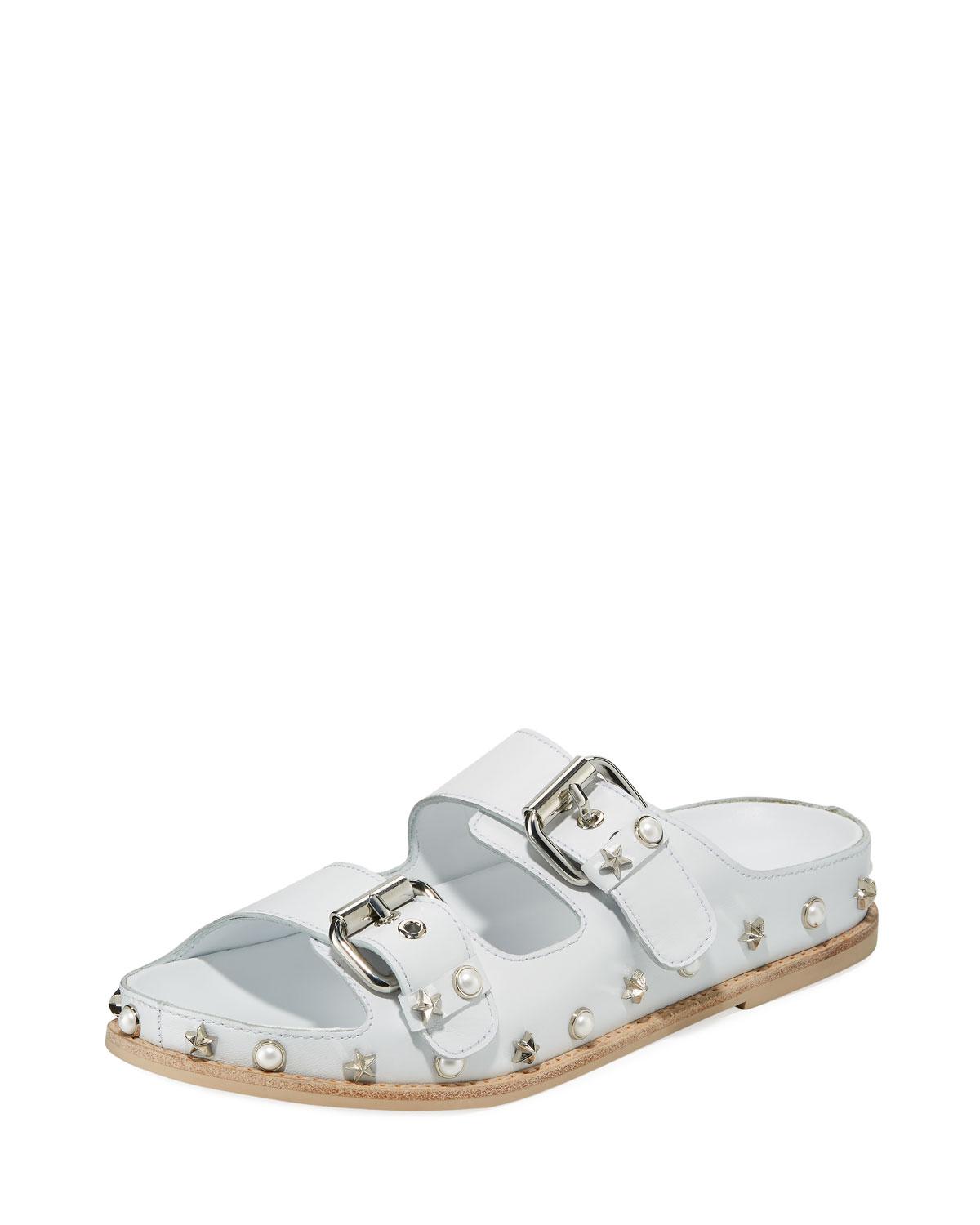 Stuart Weitzman Leather Sandbar Embellished Flat Napa Slide Sandal in White Lyst