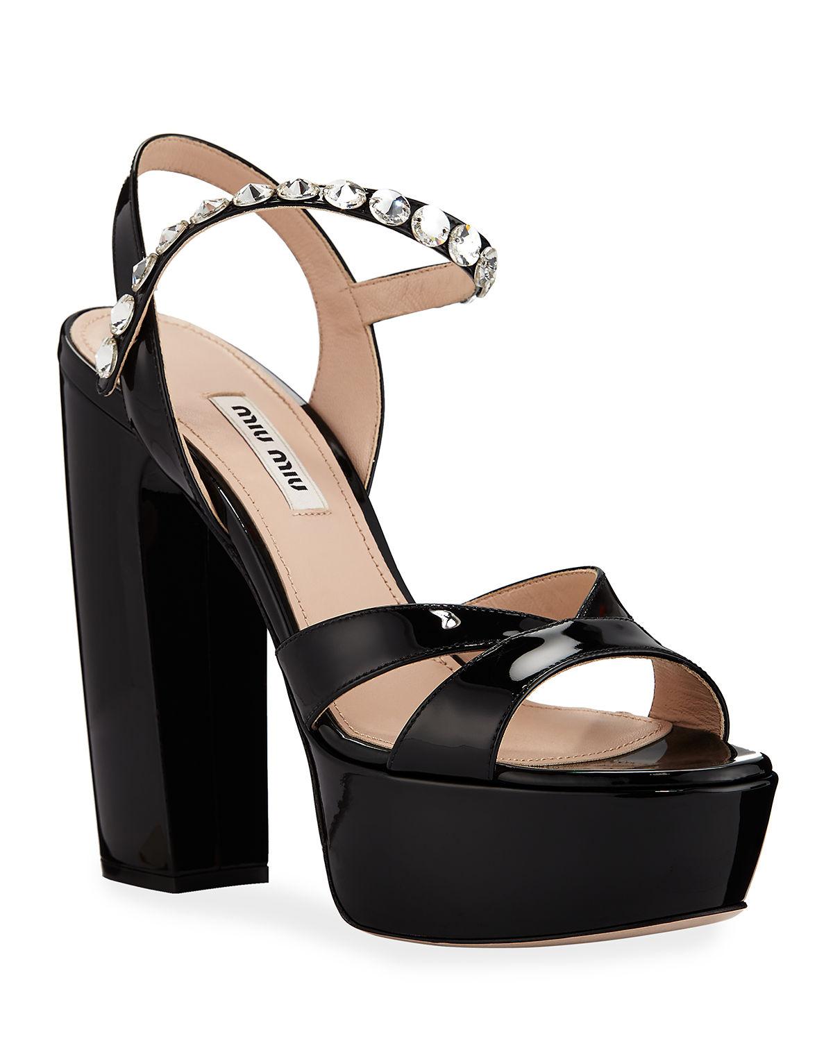 Miu Miu Suede Patent Crystal-strap Platform Sandals in Black Suede ...