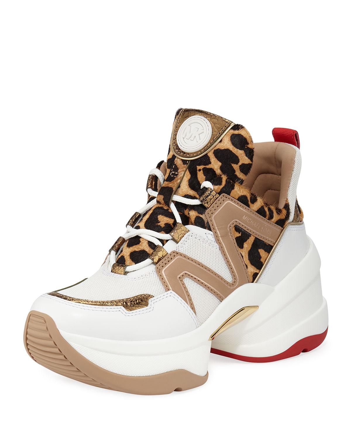 michael michael kors olympia leopard calf hair and leather trainer