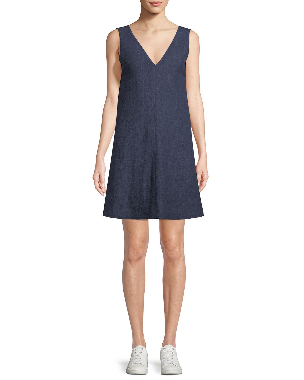 Theory V-neck Sleeveless A-line Integrate Linen Dress in Blue - Lyst