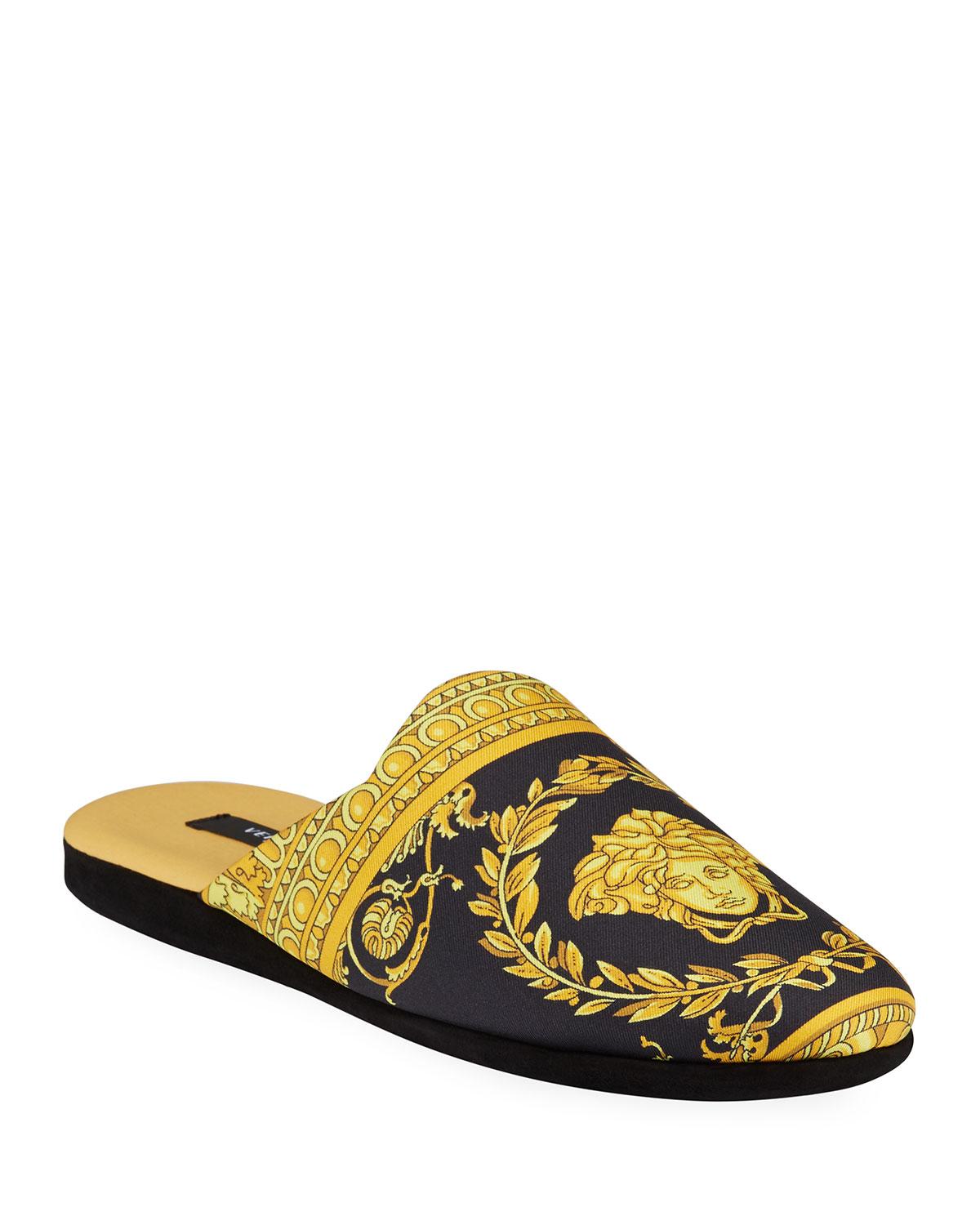 Versace Men's Barocco Silk Robe Slippers in Black Pattern (Yellow) for