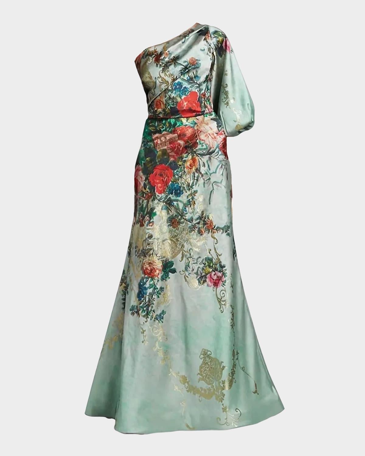 Rene Ruiz One-Shoulder Floral Jacquard Trumpet Gown in Green Lyst