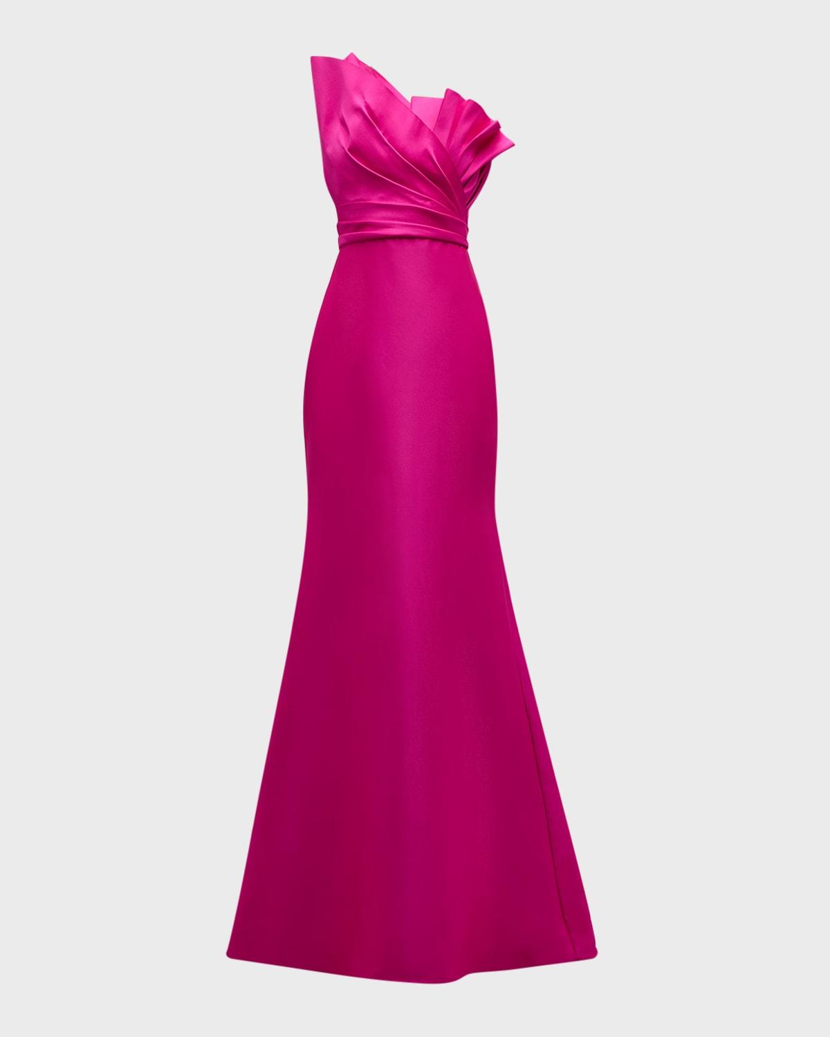 open lace back dress Badgley Mischka Deep V-Neck Long Billowy Sleeves Cinched Waist  Metallic-Toned Hue Foil Pleated Gown main image 1