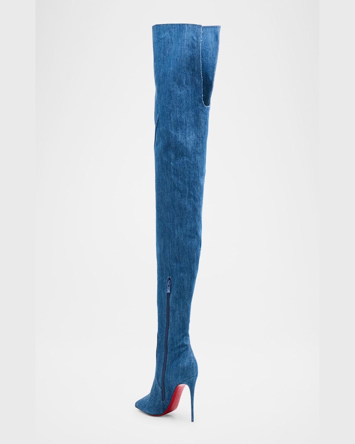 Christian Louboutin Embroidered Denim Over-The-Knee Boots in Blue