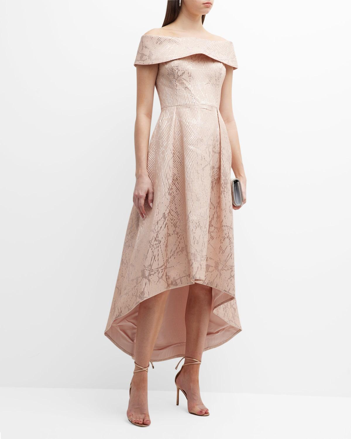 Teri Jon Pleated Off-shoulder High-low Jacquard Gown in Pink | Lyst