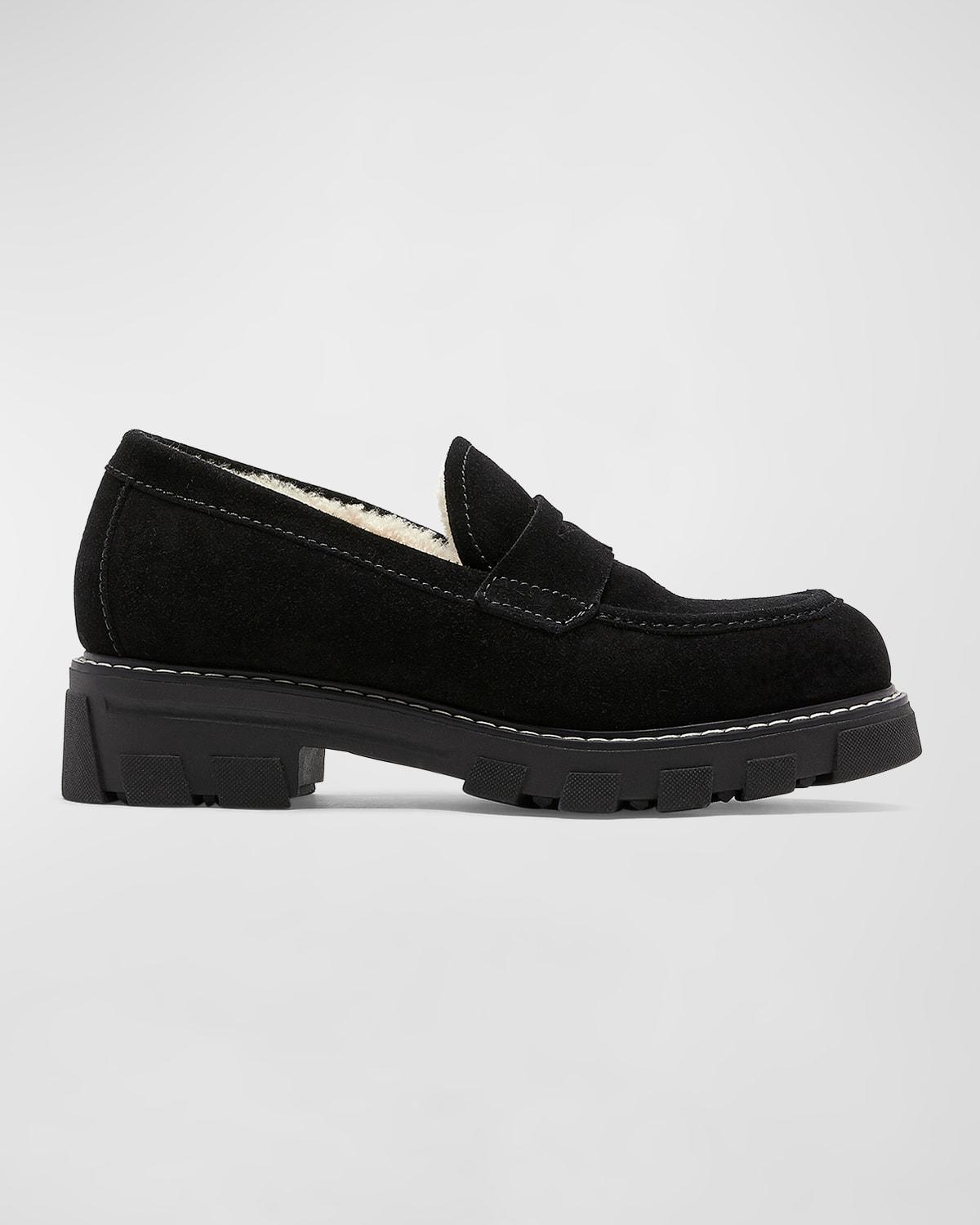 La Canadienne Darcy Suede Shearling-lined Penny Loafers in Black | Lyst