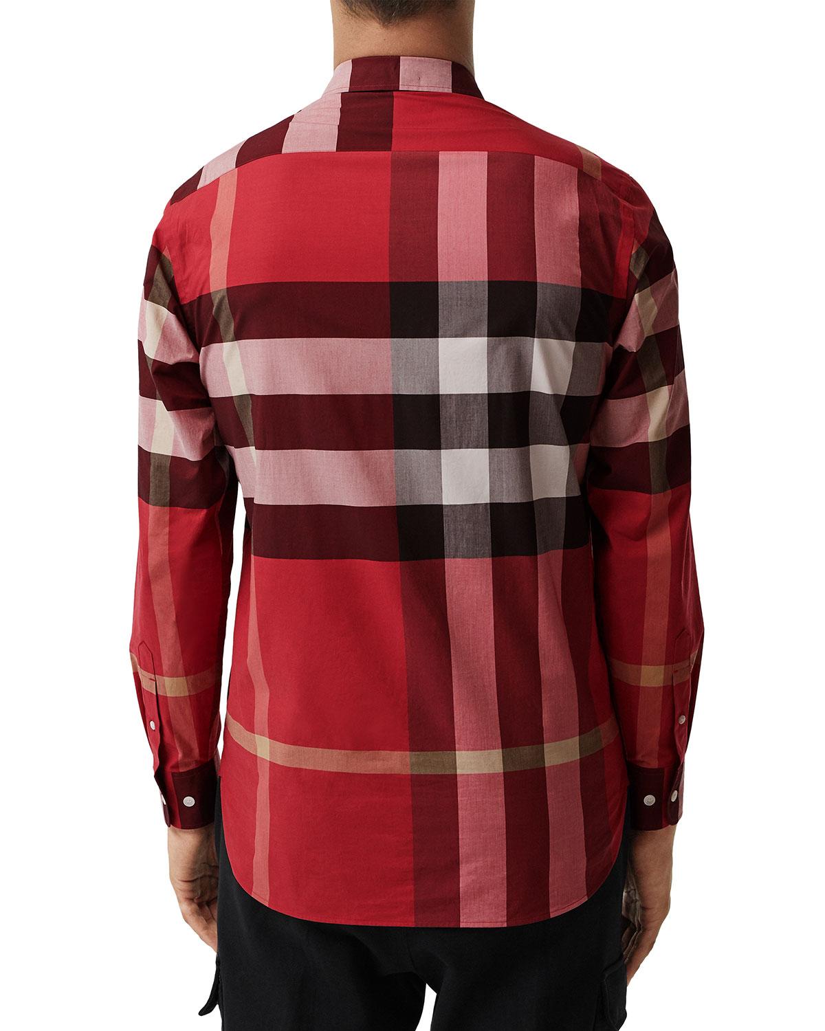 Burberry Check Stretch Cotton Shirt in Red for Men - Lyst