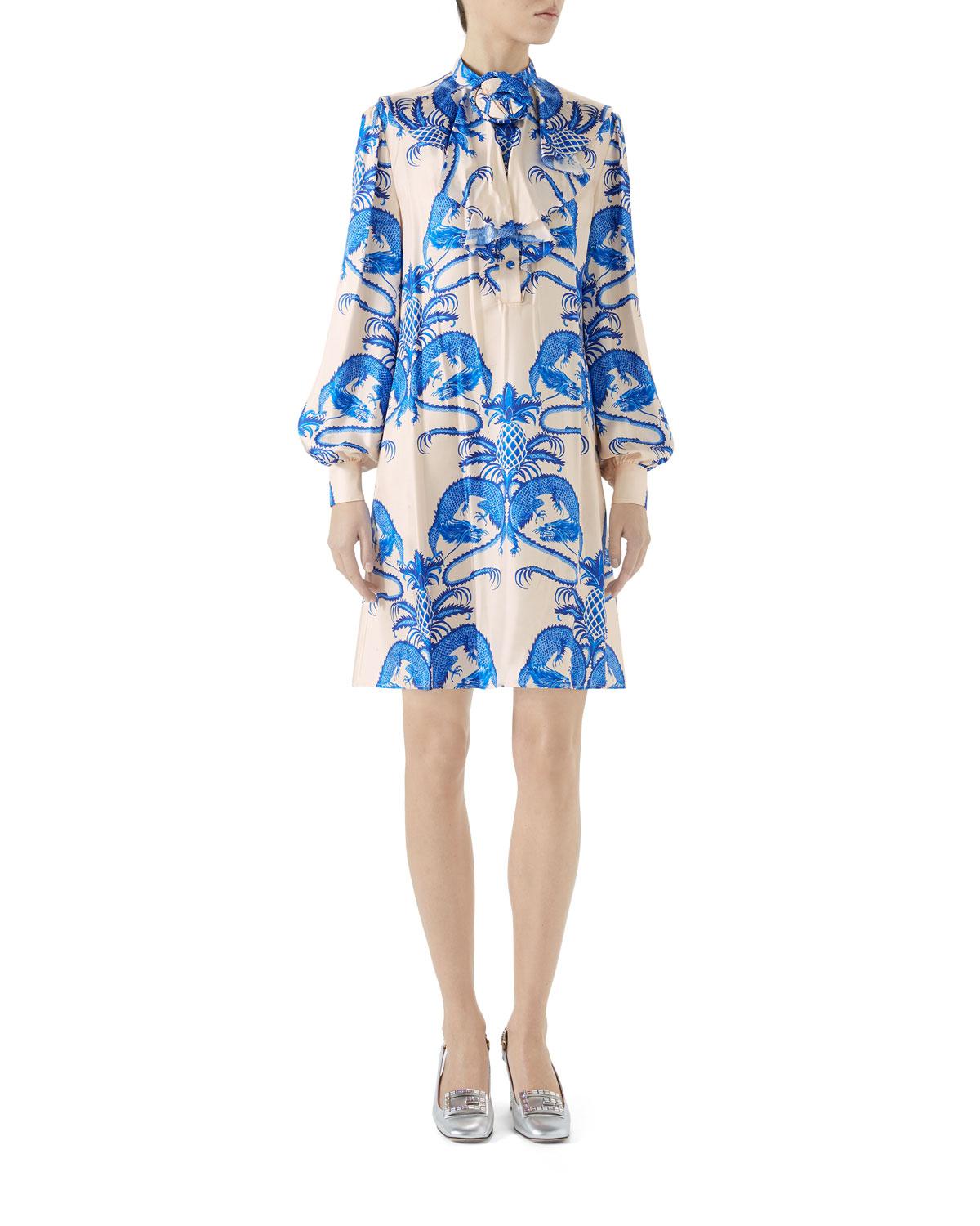 Gucci Silk Dragonprint Flounceneck Twill Dress in White