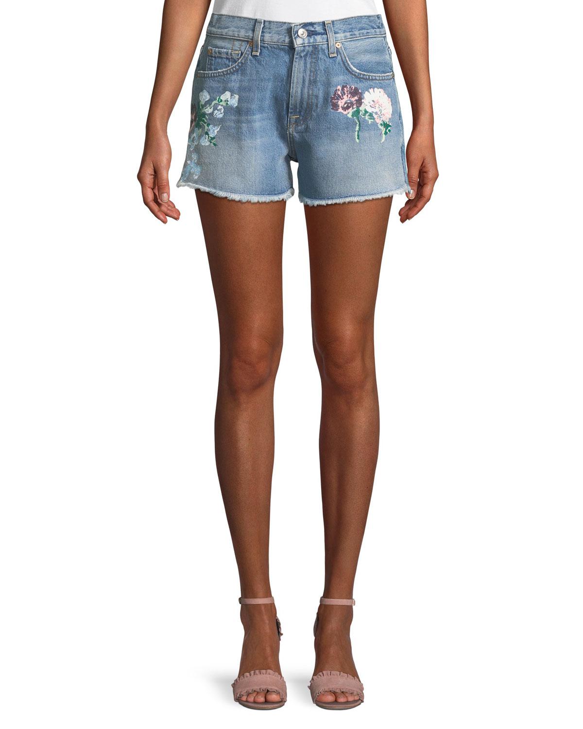 7 For All Mankind Cutoff Floral-painted Denim Shorts in ...