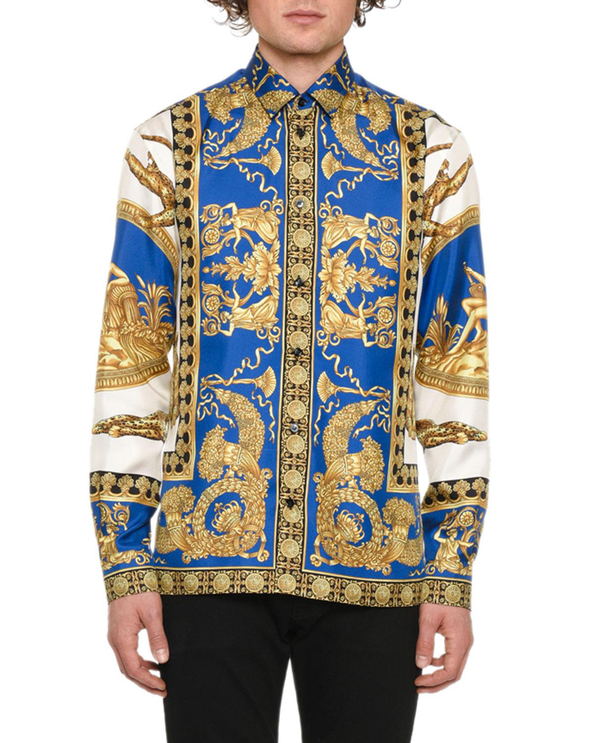 Versace Silk Baroque Print Shirt in Blue for Men - Lyst