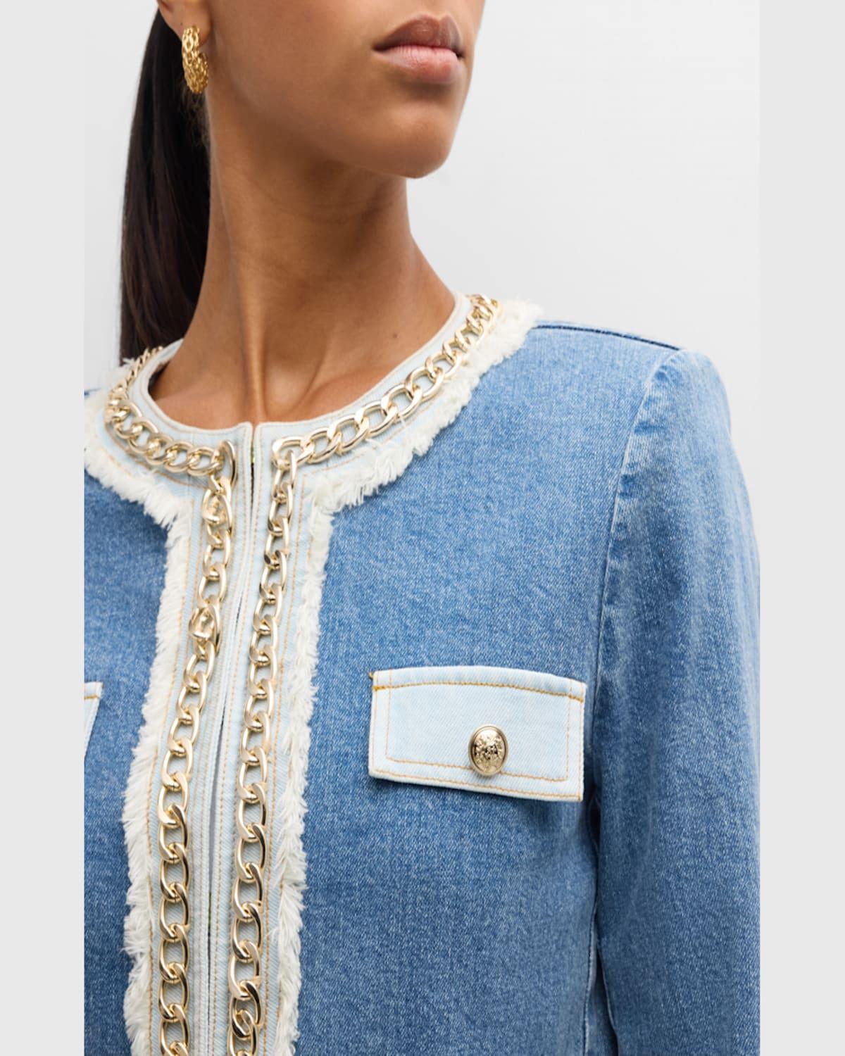【Alice+Olivia】LANDON チェーン クロップド デニムジャケット Alice+Olivia】LANDON チェーン クロップド デニムジャケット