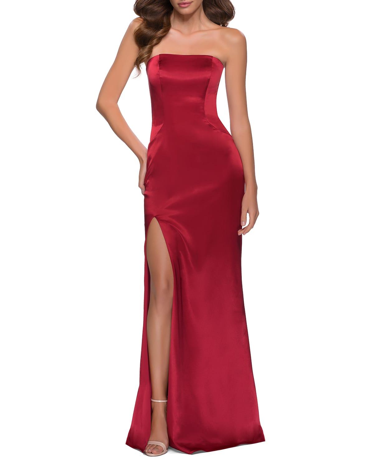La Femme Strapless Thigh-slit Satin Gown in Red | Lyst
