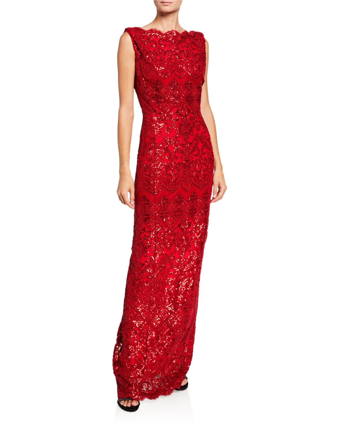 sequined lace column gown