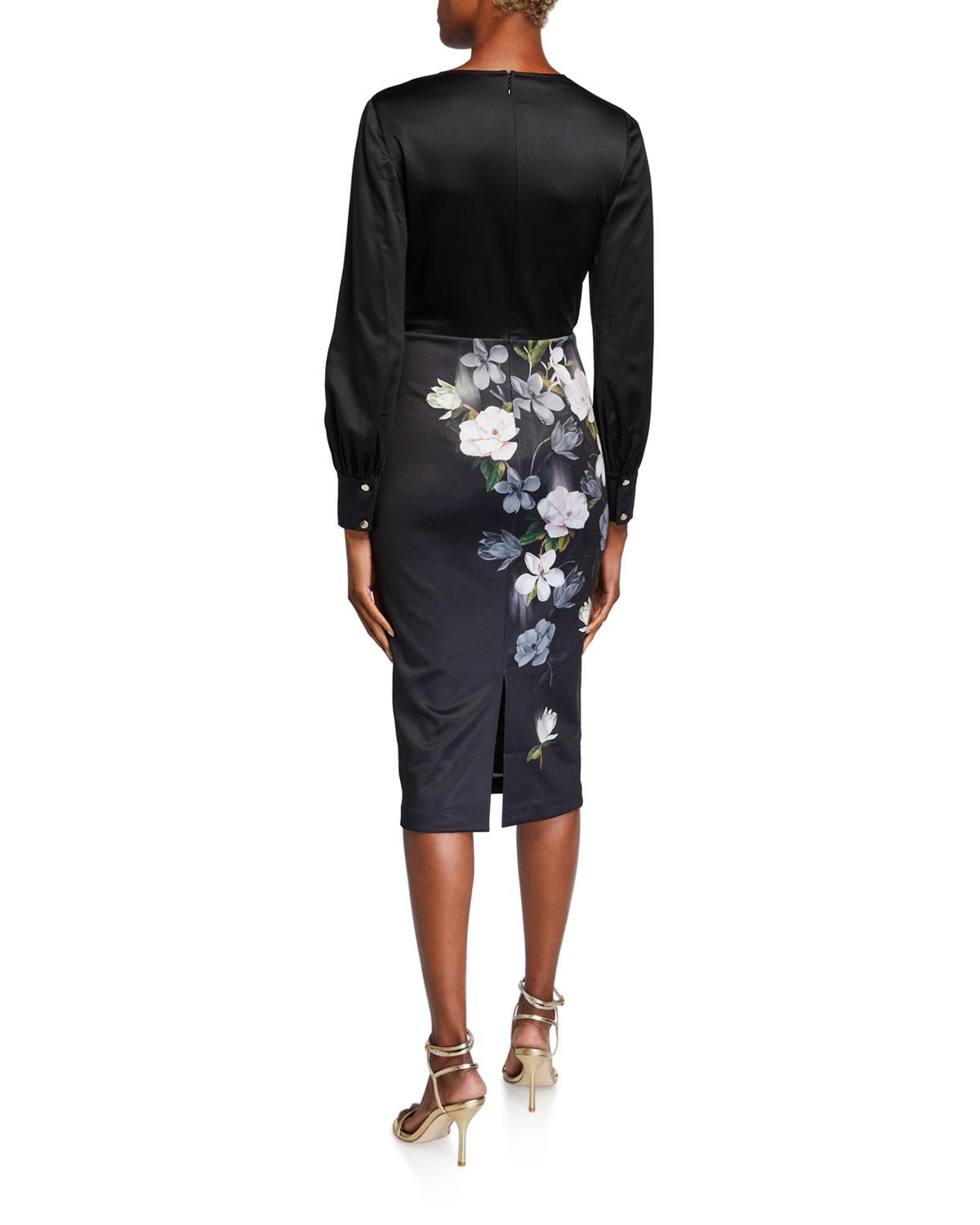 black floral long sleeve midi dress