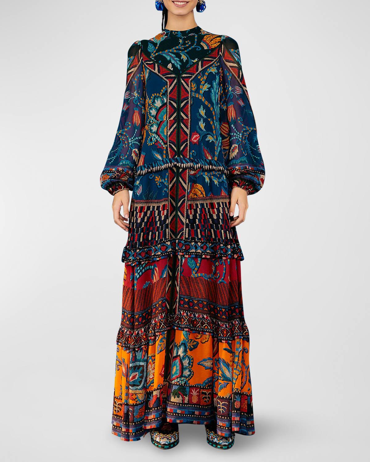 FARM Rio Ainika Tapestry Tiered Maxi Dress in Blue Lyst