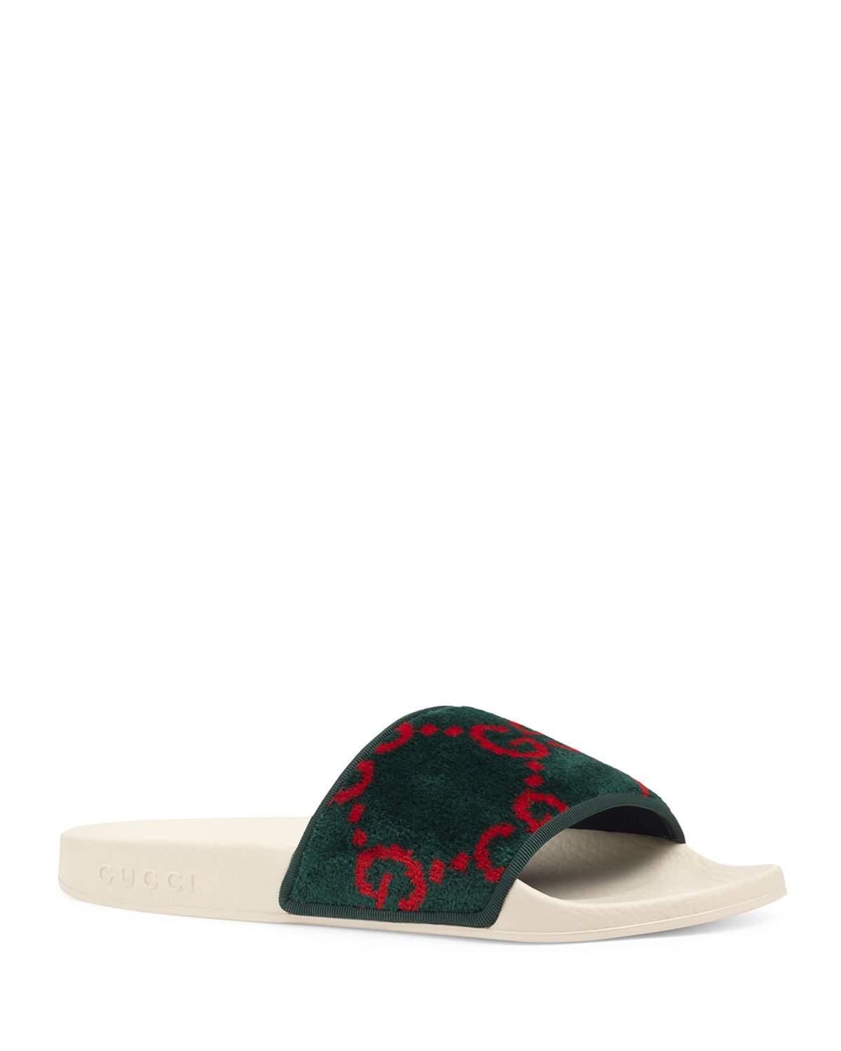 Gucci Pursuit Terry Cloth  Logo Pool Slide  Sandals  in Green 