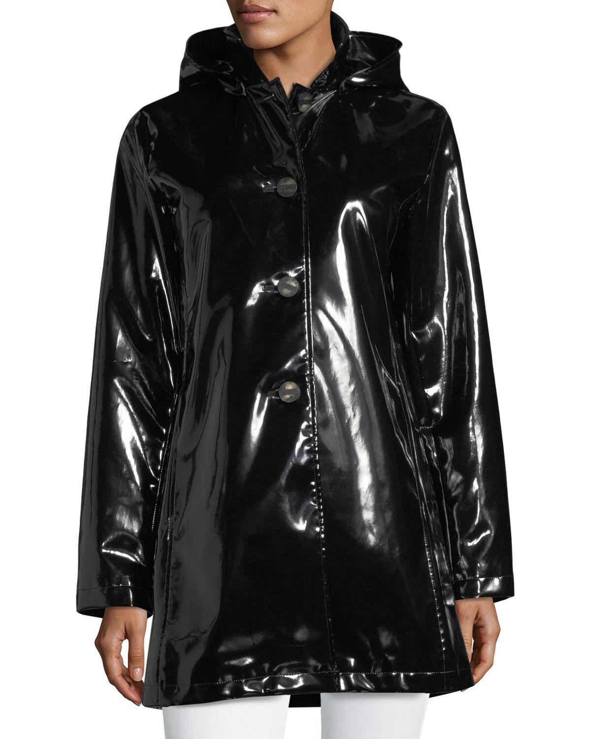 black shiny rain mac