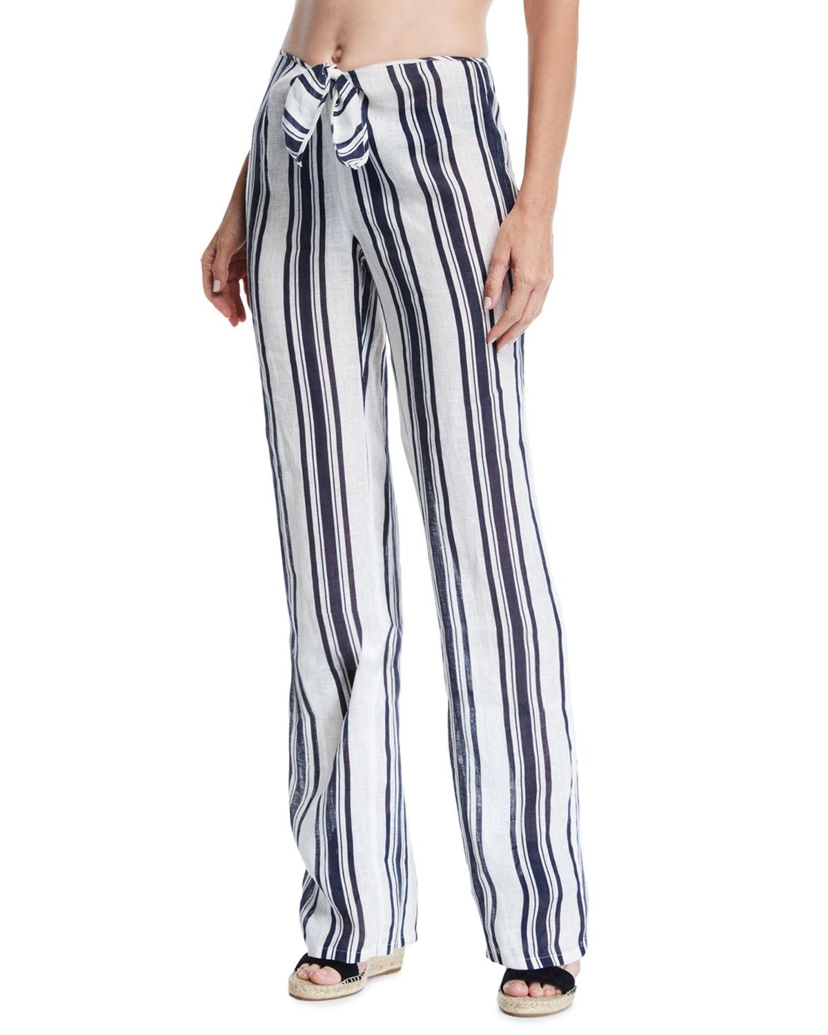 Tory Burch Kellen Striped Tie-front Linen Beach Pants in White (Blue) - Lyst