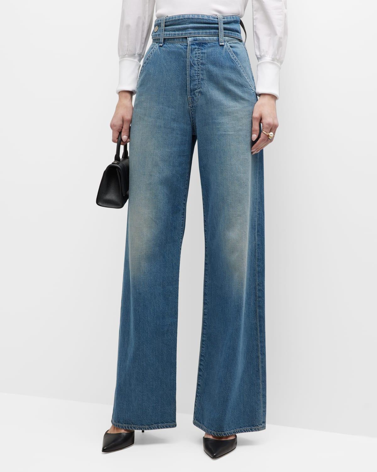 Veronica Beard Taylor High Rise Belted Wide Leg Jeans In Blue Lyst