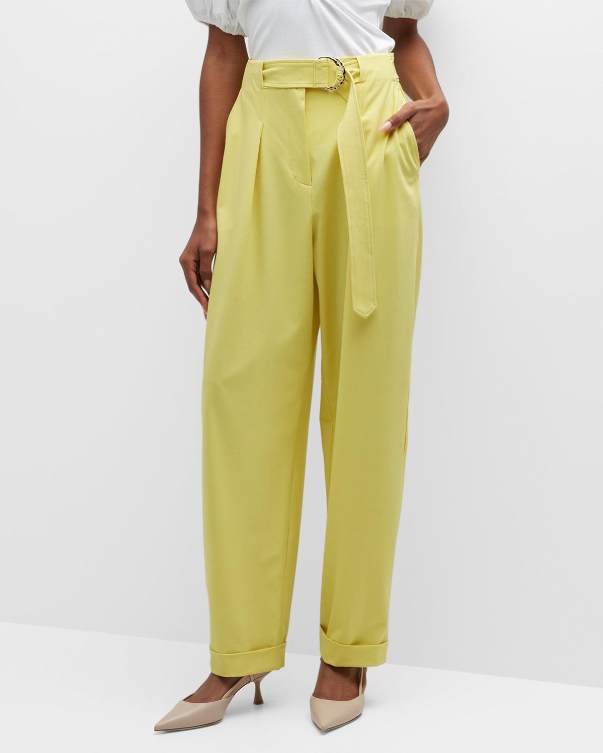 Tanya Taylor Tyler Belted Pleated Twill Pants in Yellow | Lyst