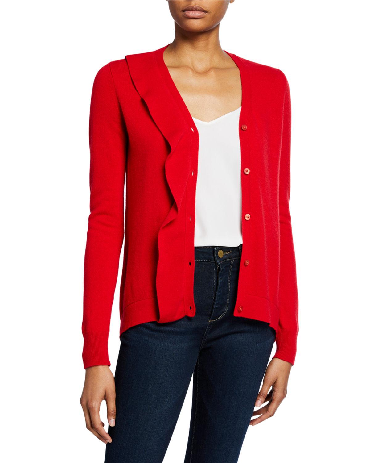 Neiman Marcus Cashmere Button-front Ruffle Cardigan in Red - Lyst