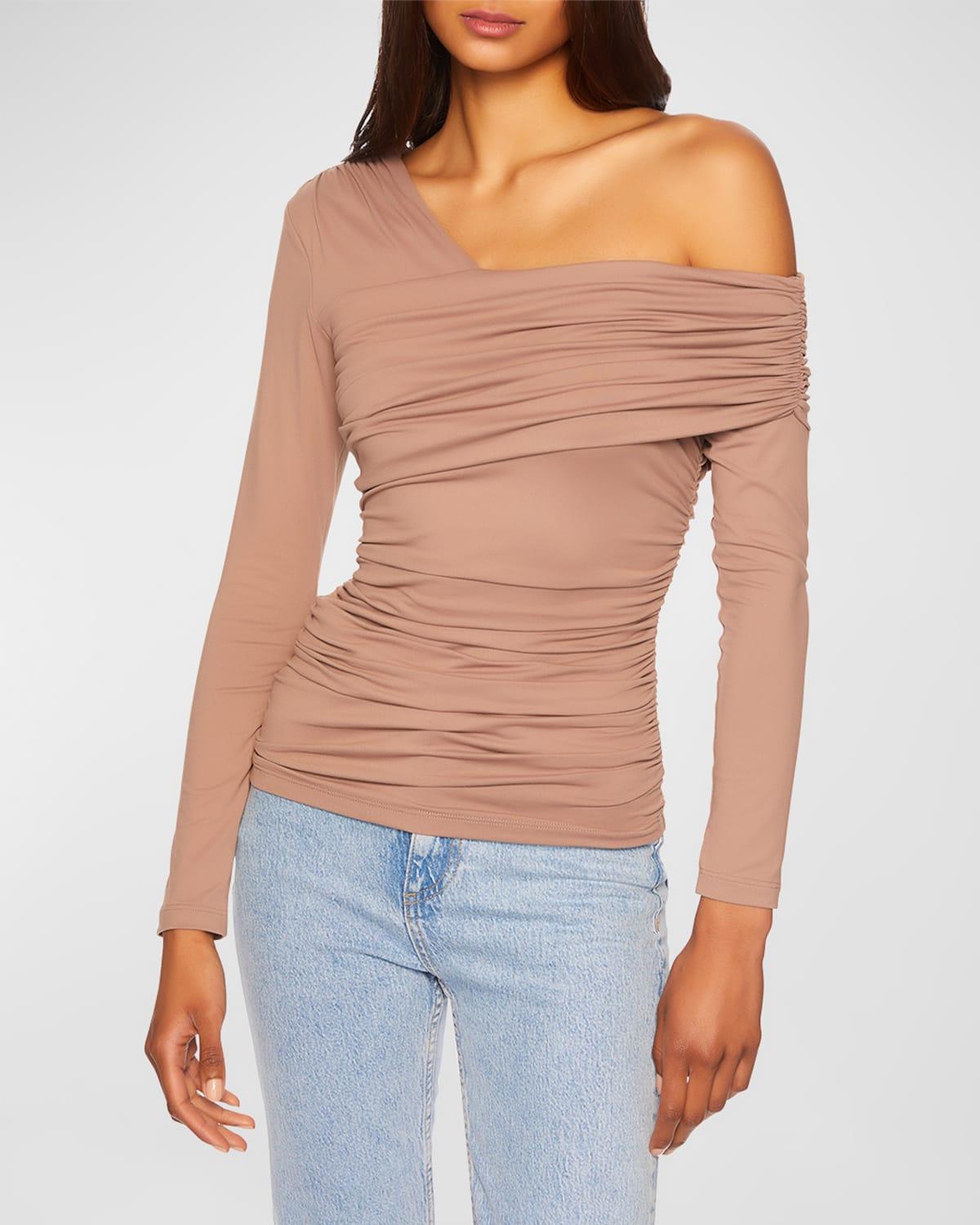 Susana Monaco Ruched Off The Shoulder Top In Blanched Almond