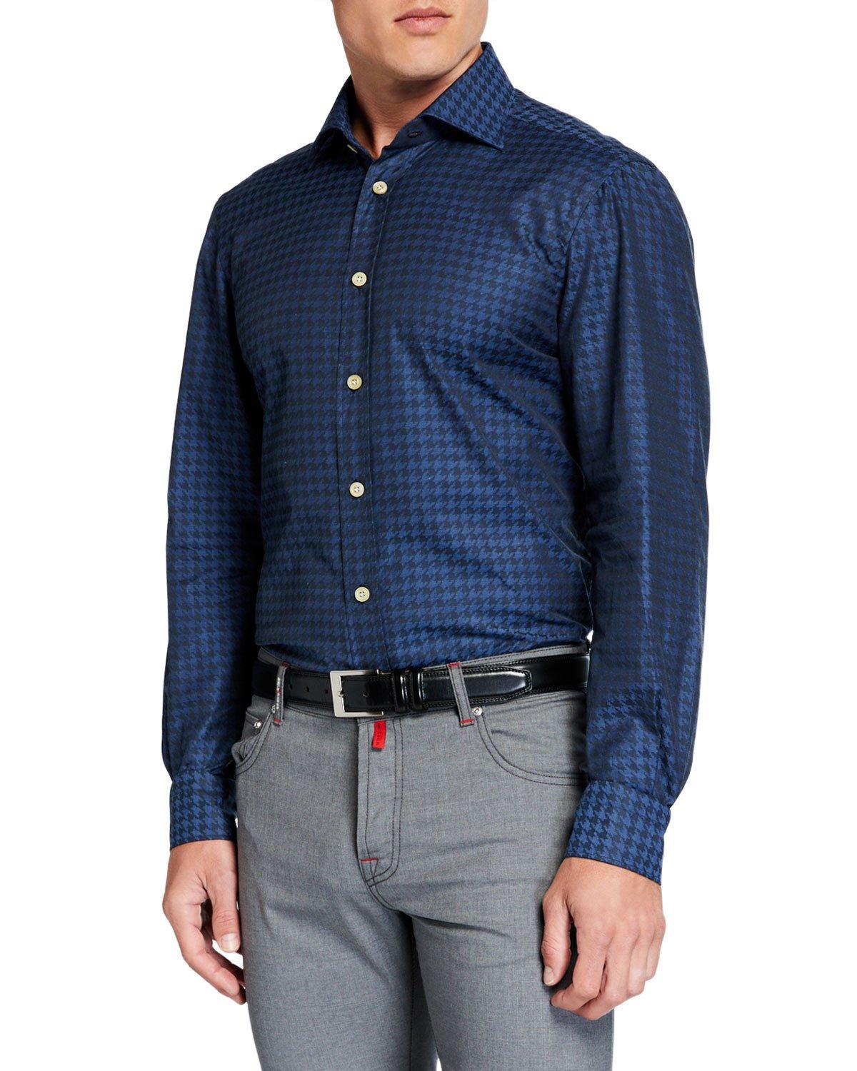 Kiton Cotton Men's Houndstooth Sport Shirt in Blue for Men - Lyst
