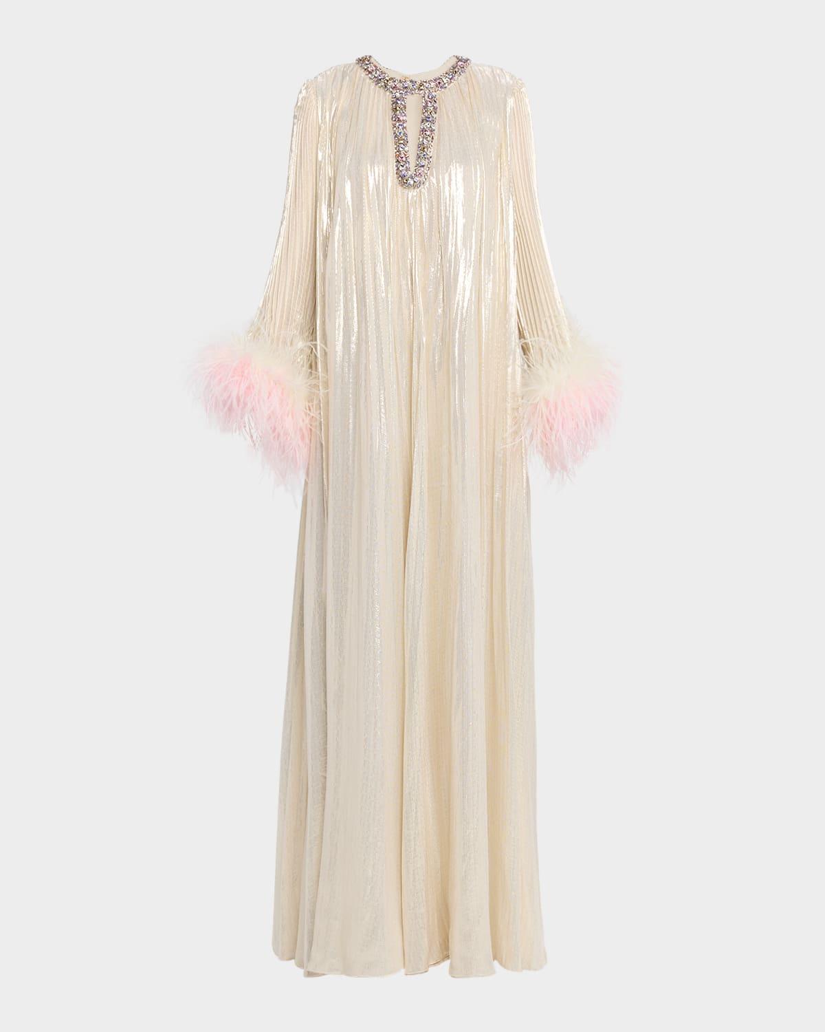 knee length dresses for ladies Hasina Modest Neckline Flare Long Sleeve Embellished Feather Dress – B Chic  Fashions main image 0