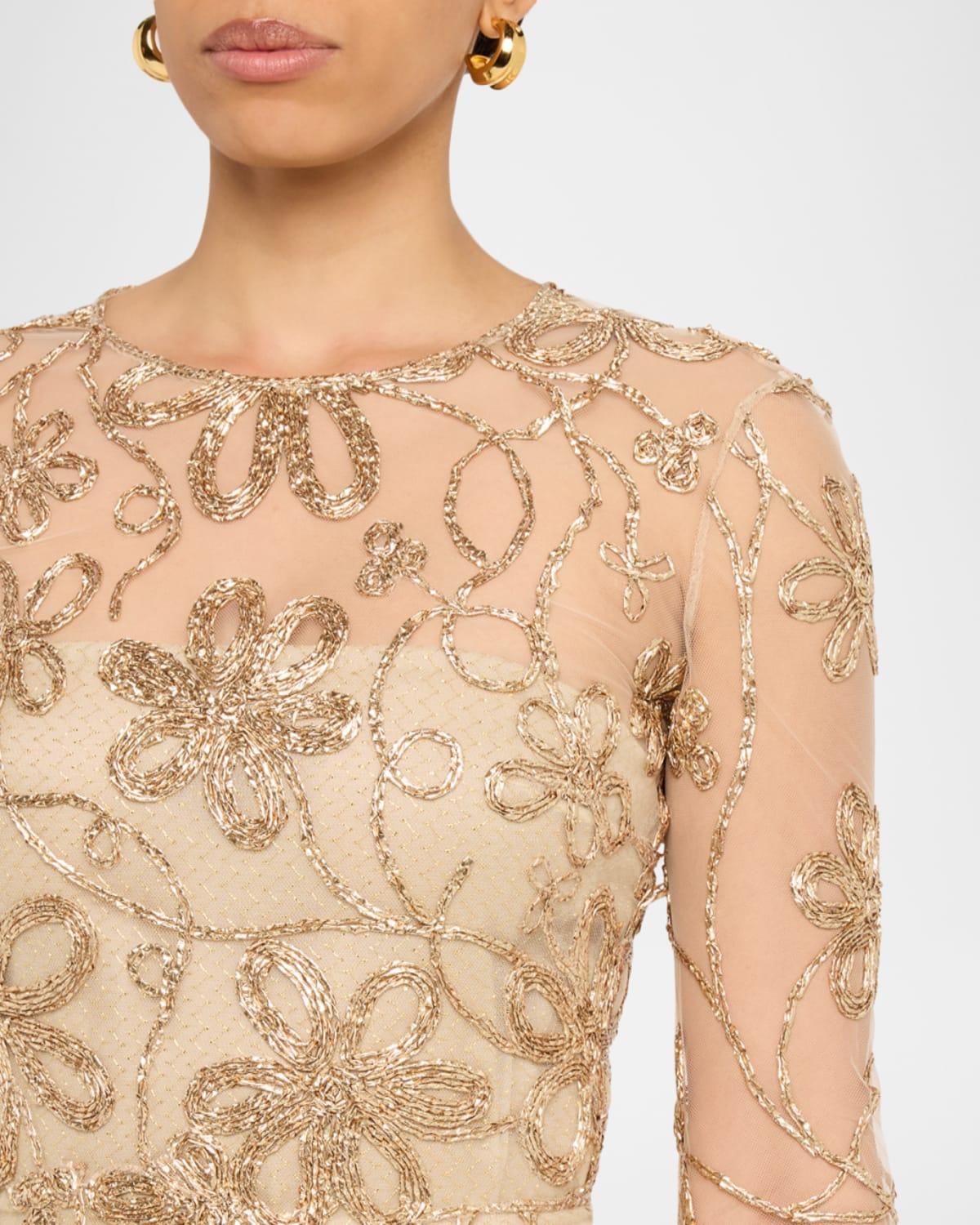 Naeem Khan Metallic Raffia Embroidered Long-Sleeve Illusion Midi Dress in  Natural | Lyst