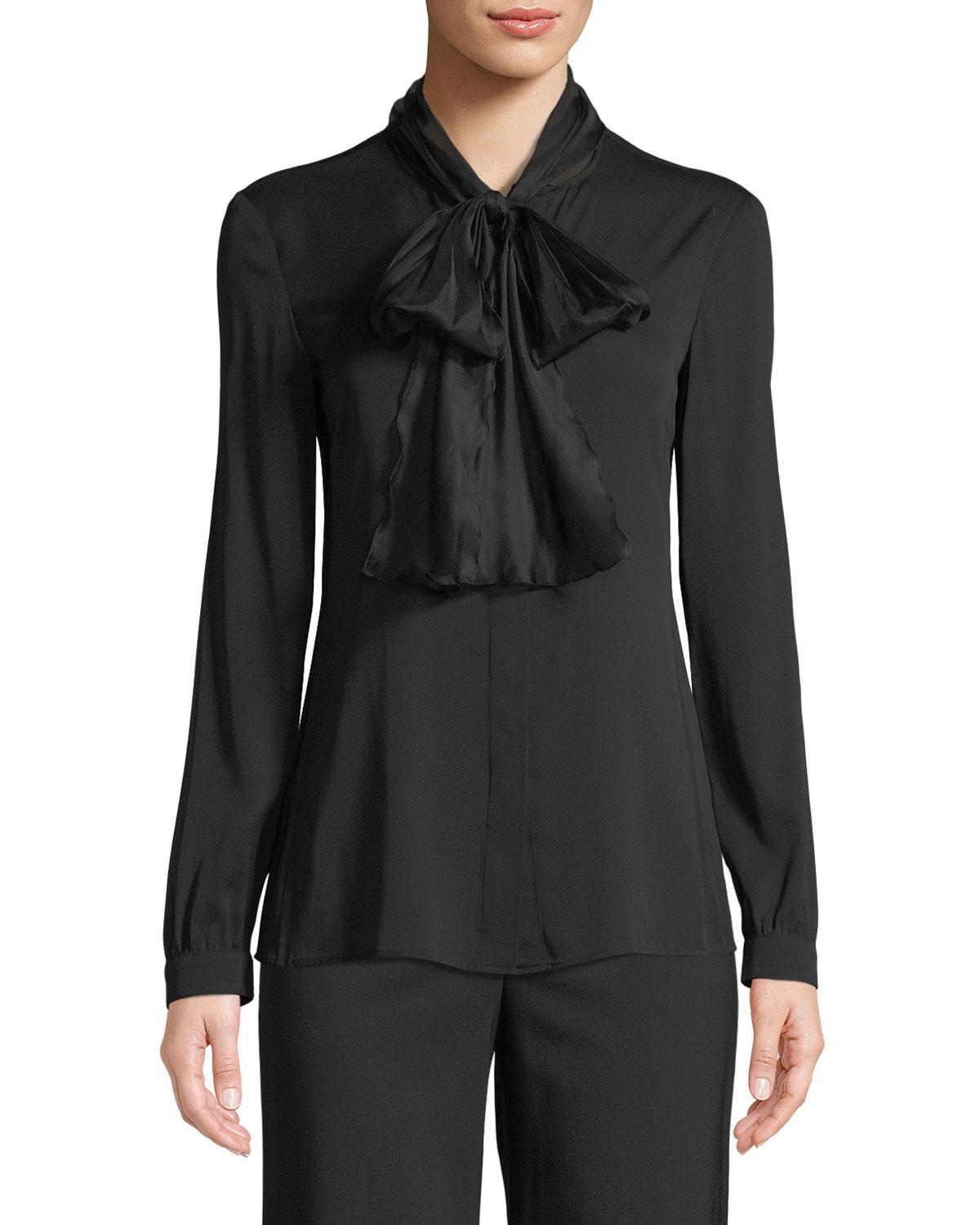 Emporio Armani Long-sleeve Silk Georgette Blouse W/ Tie Collar in Black ...