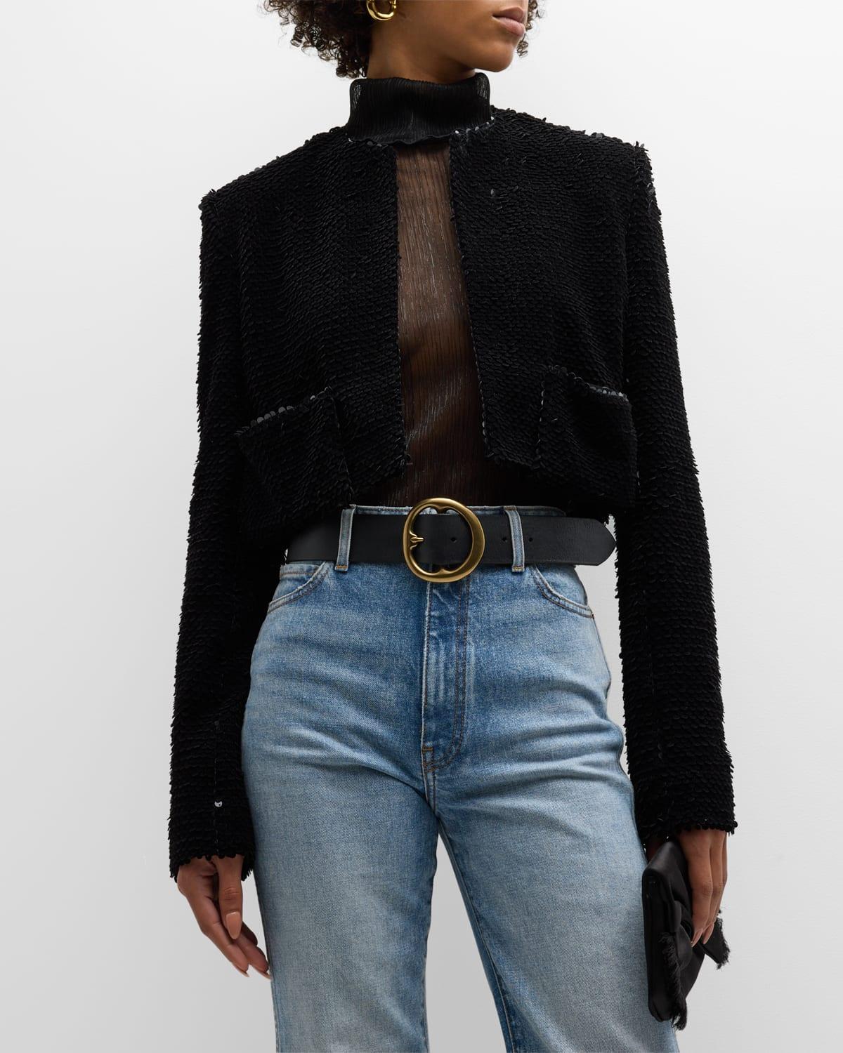 RECTO. Open Front Velvetsequin Crop Jacket in Black Lyst