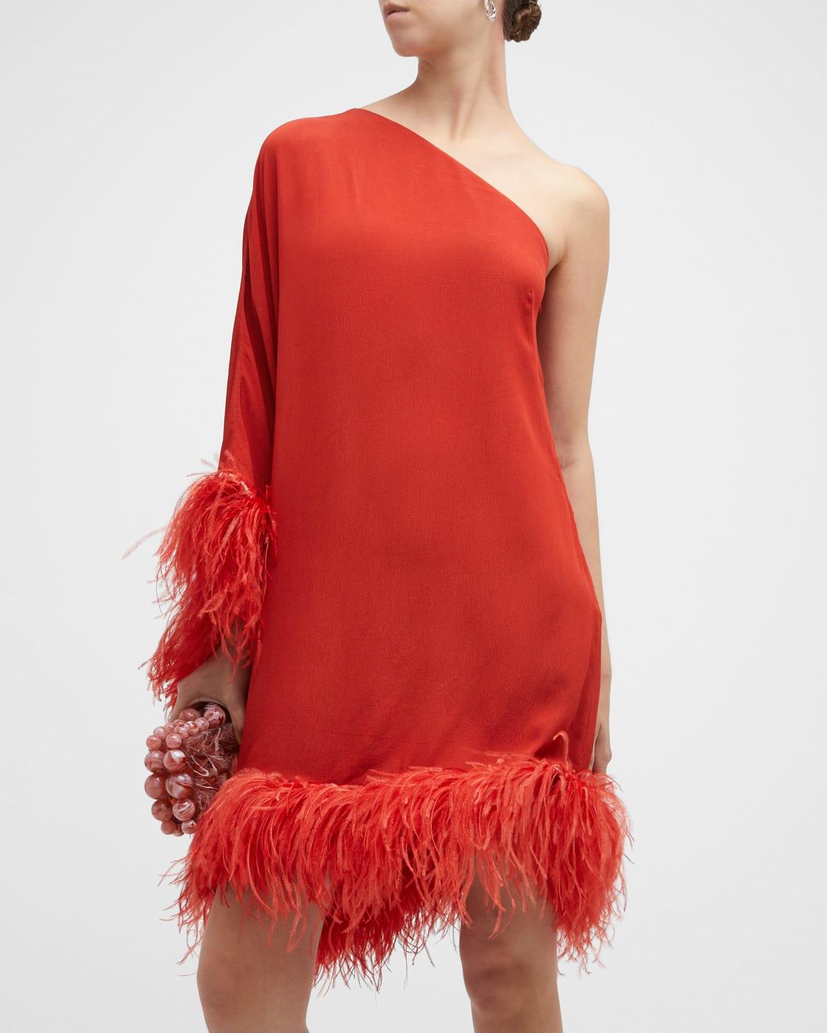 Cult Gaia Pelli Mini Dress W/ Ostrich Feather Trim in Red | Lyst