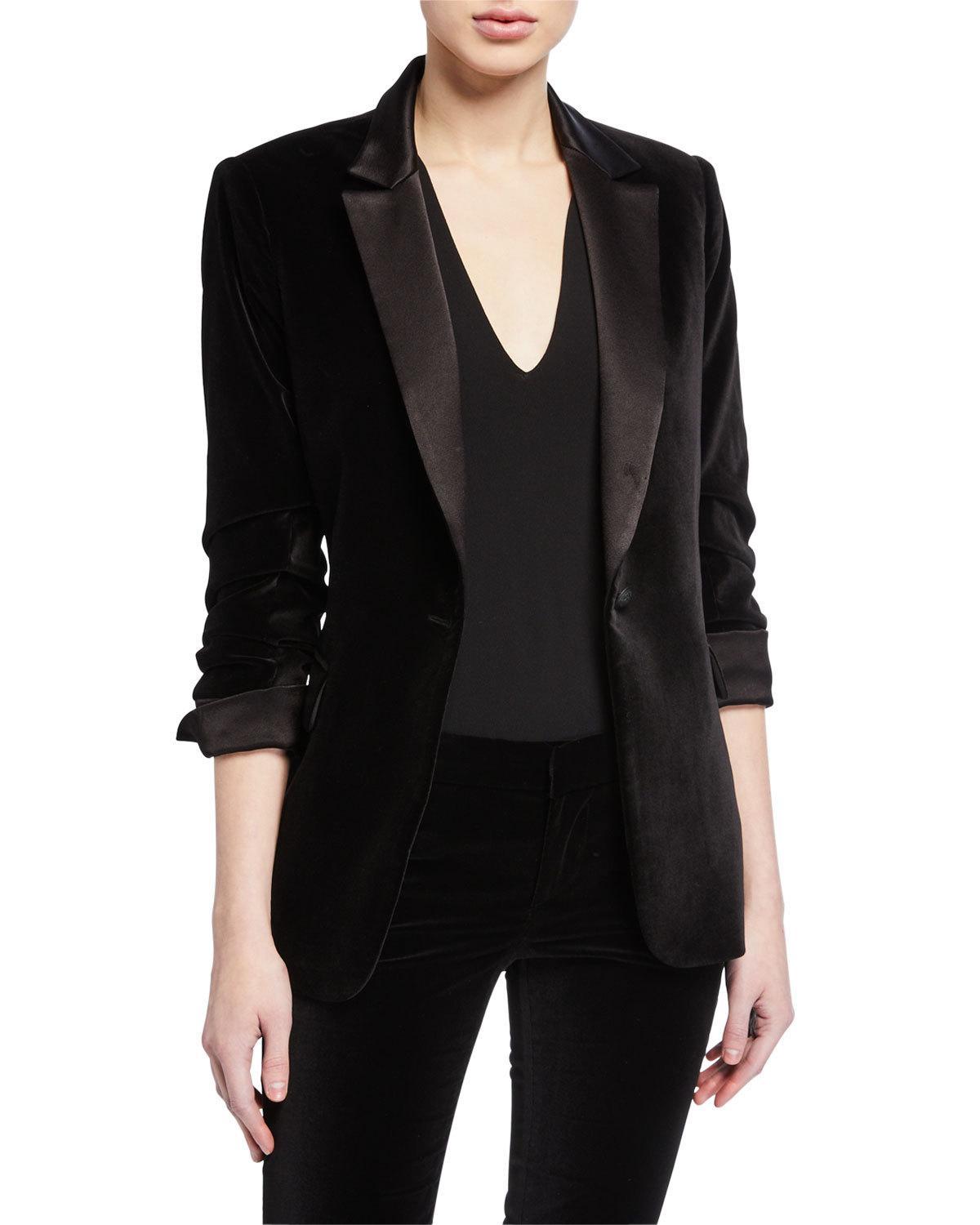 Alice + Olivia Satin Macey Pleated-sleeve Fitted Blazer in Black - Save