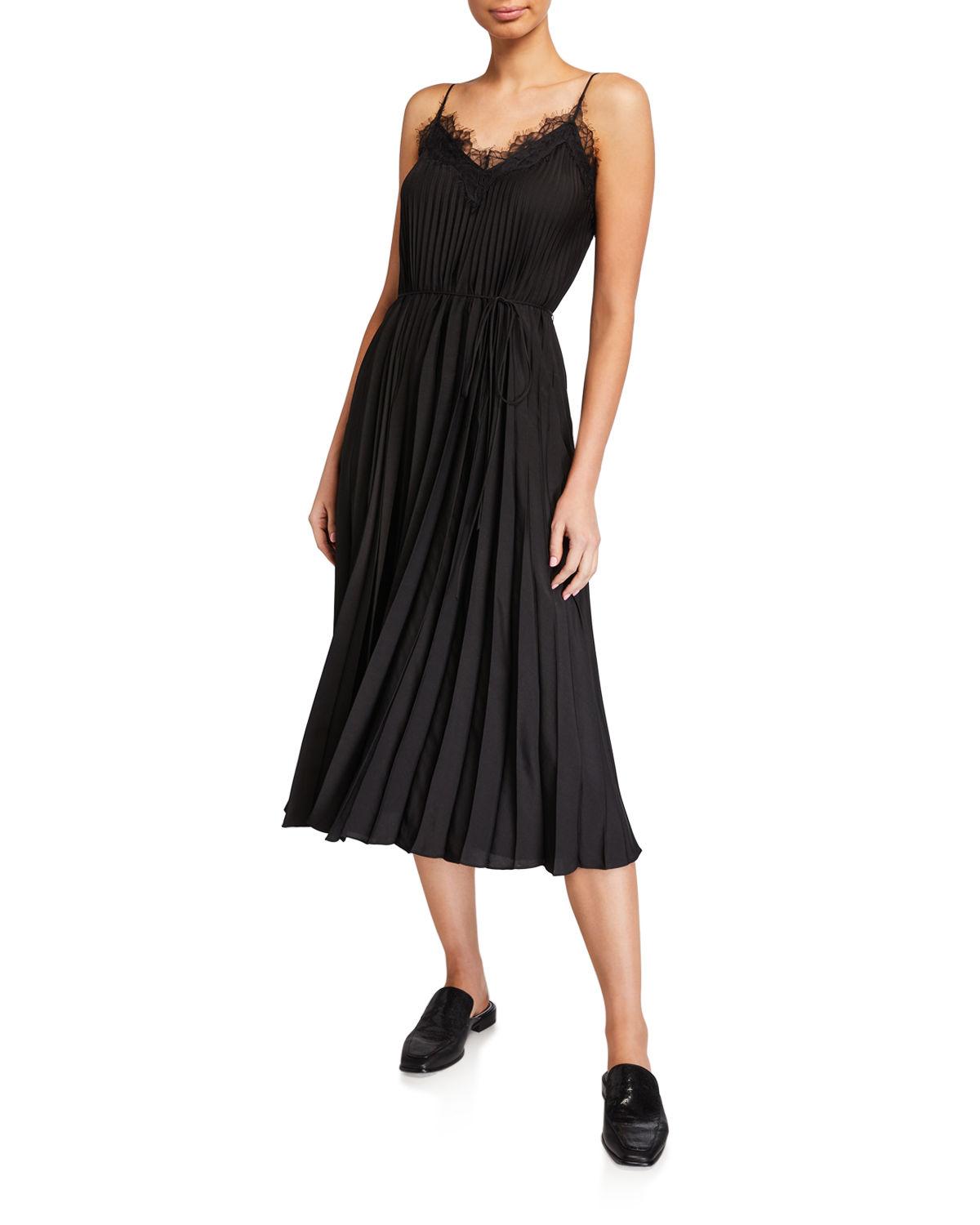 Vince Synthetic Lacetrim Pleated Vneck Dress in Black Lyst