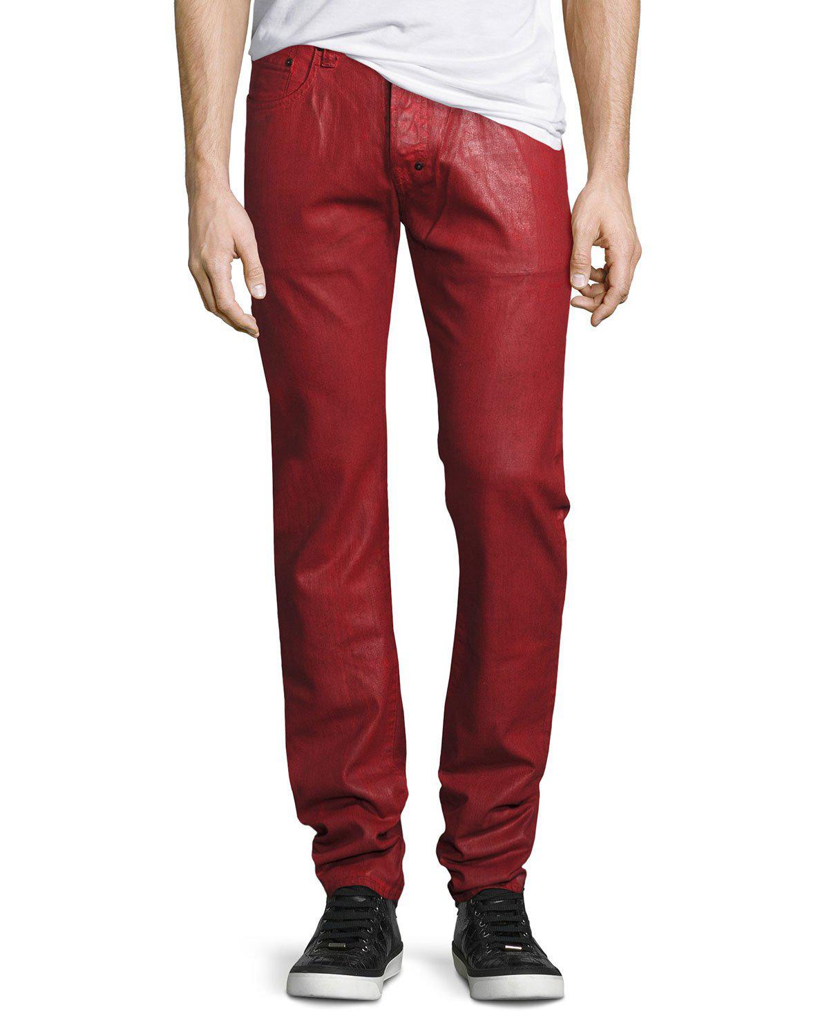 red coated jeans