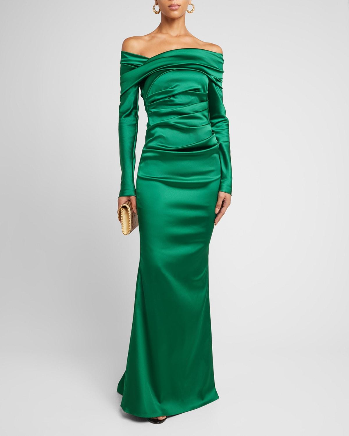 Talbot Runhof Draped Off-The-Shoulder Stretch Satin Duchesse Gown in Green  | Lyst
